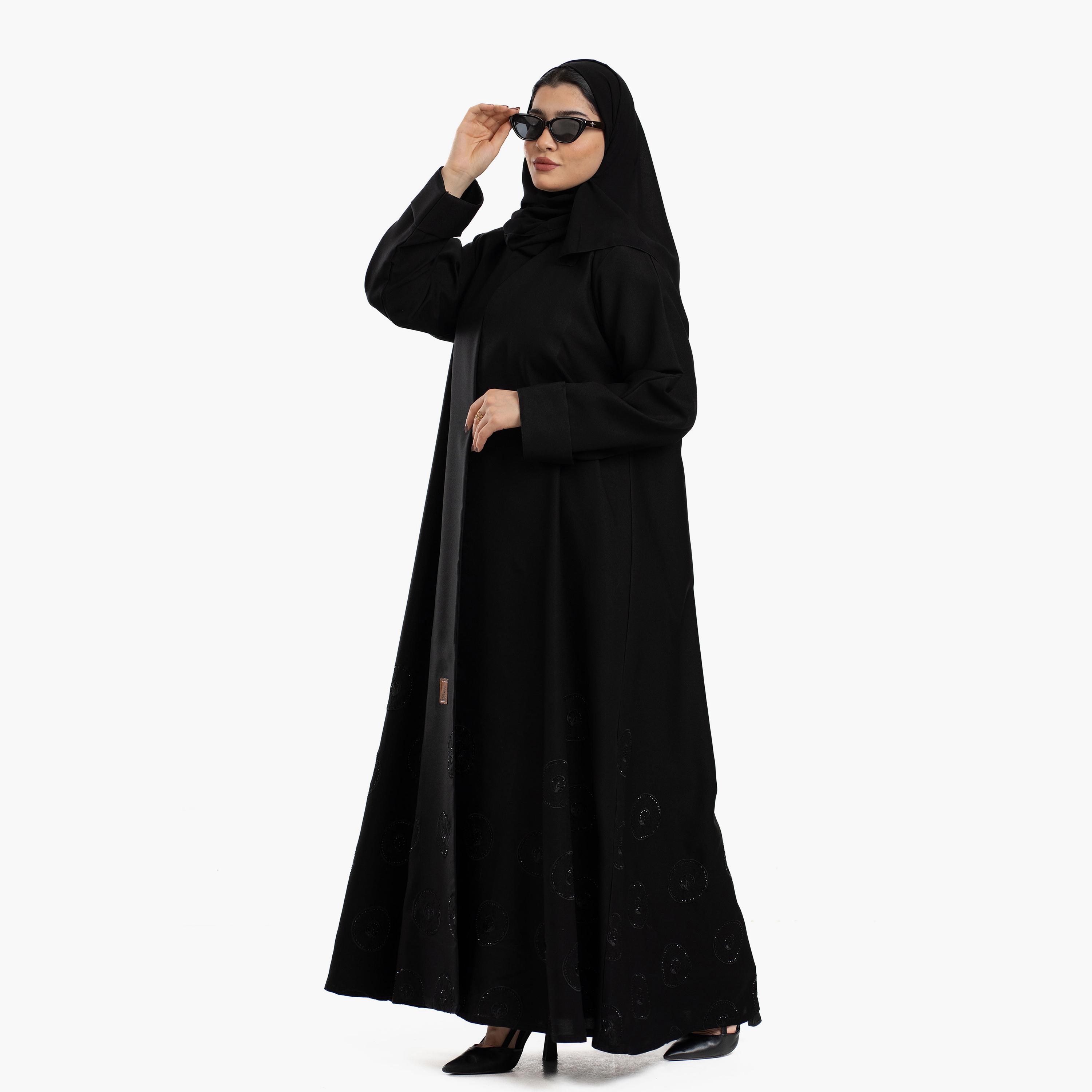 Zahiyh Black Subtle Circular Motifs Women's Abaya with Tarha-women-arabicclothing-abayas-image-3