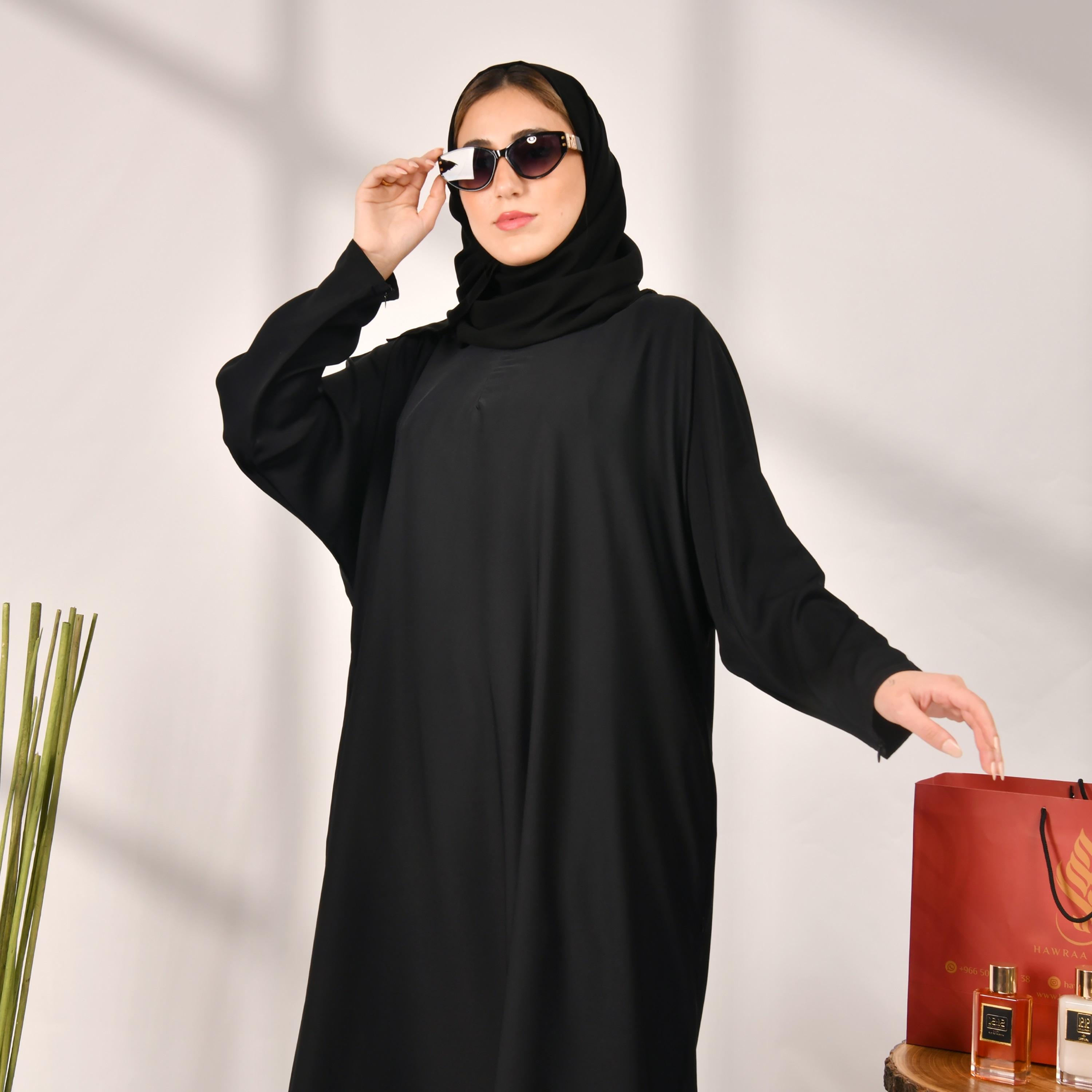 Hawraa Plain Pocket Detail Abaya with Hijab-women-arabicclothing-abayas-image-1