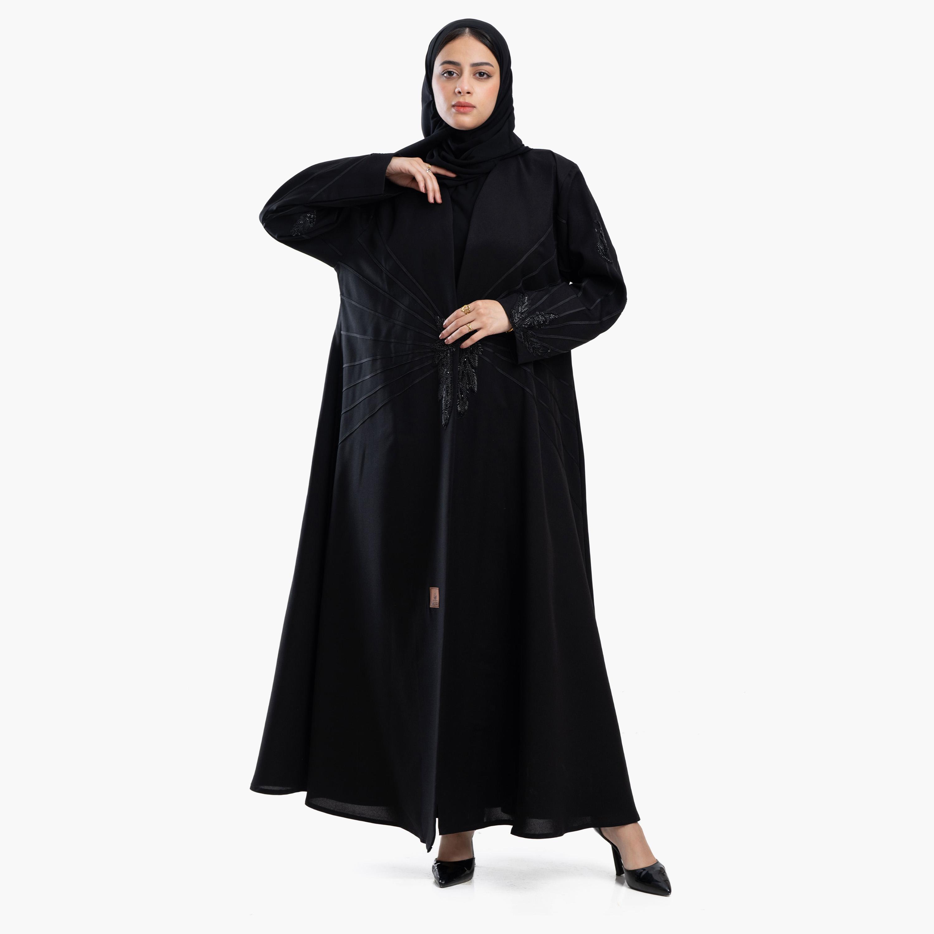 Zahiyh Black Beaded Women's Abaya with Tarha-women-arabicclothing-abayas-image-1