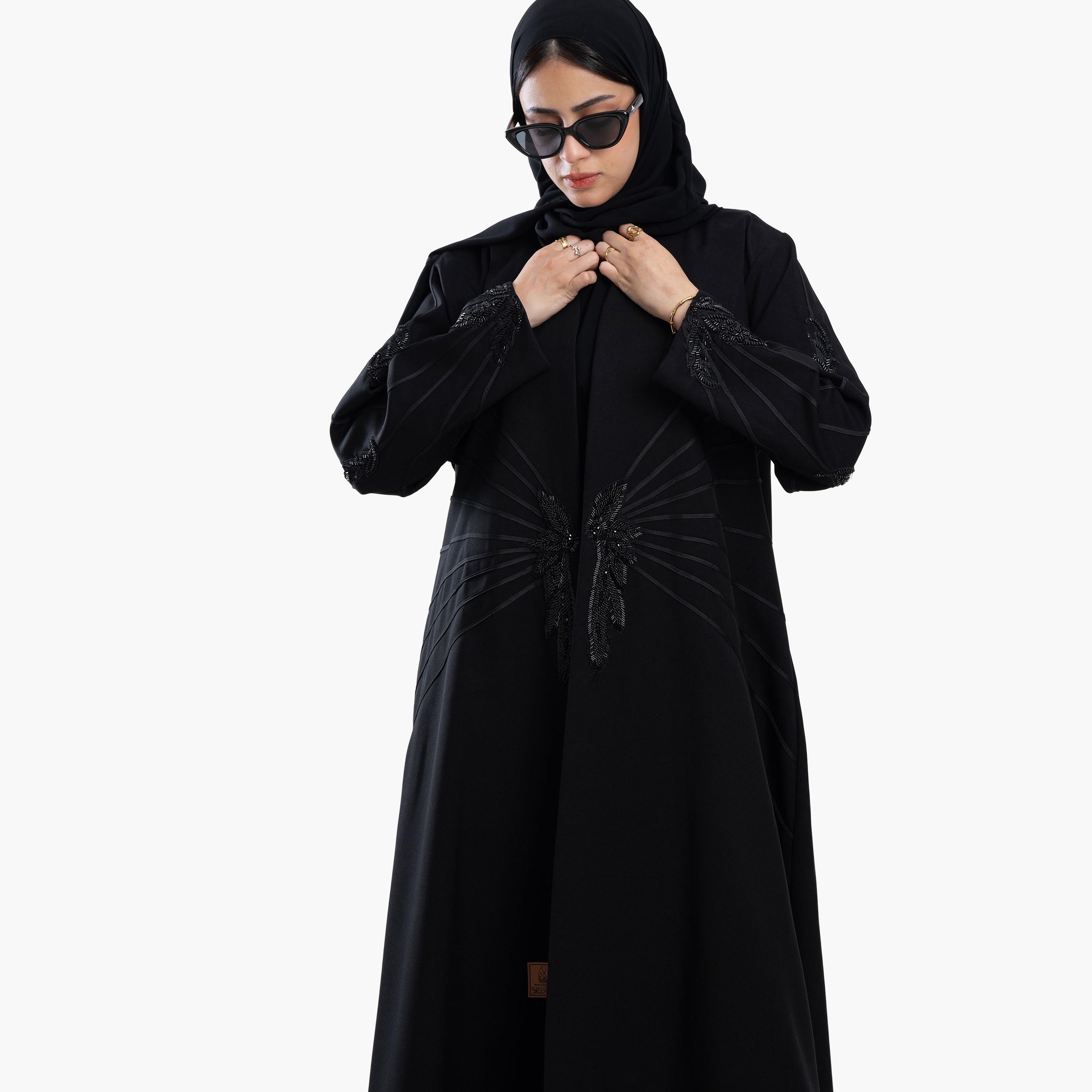 Zahiyh Black Beaded Women's Abaya with Tarha-women-arabicclothing-abayas-image-2