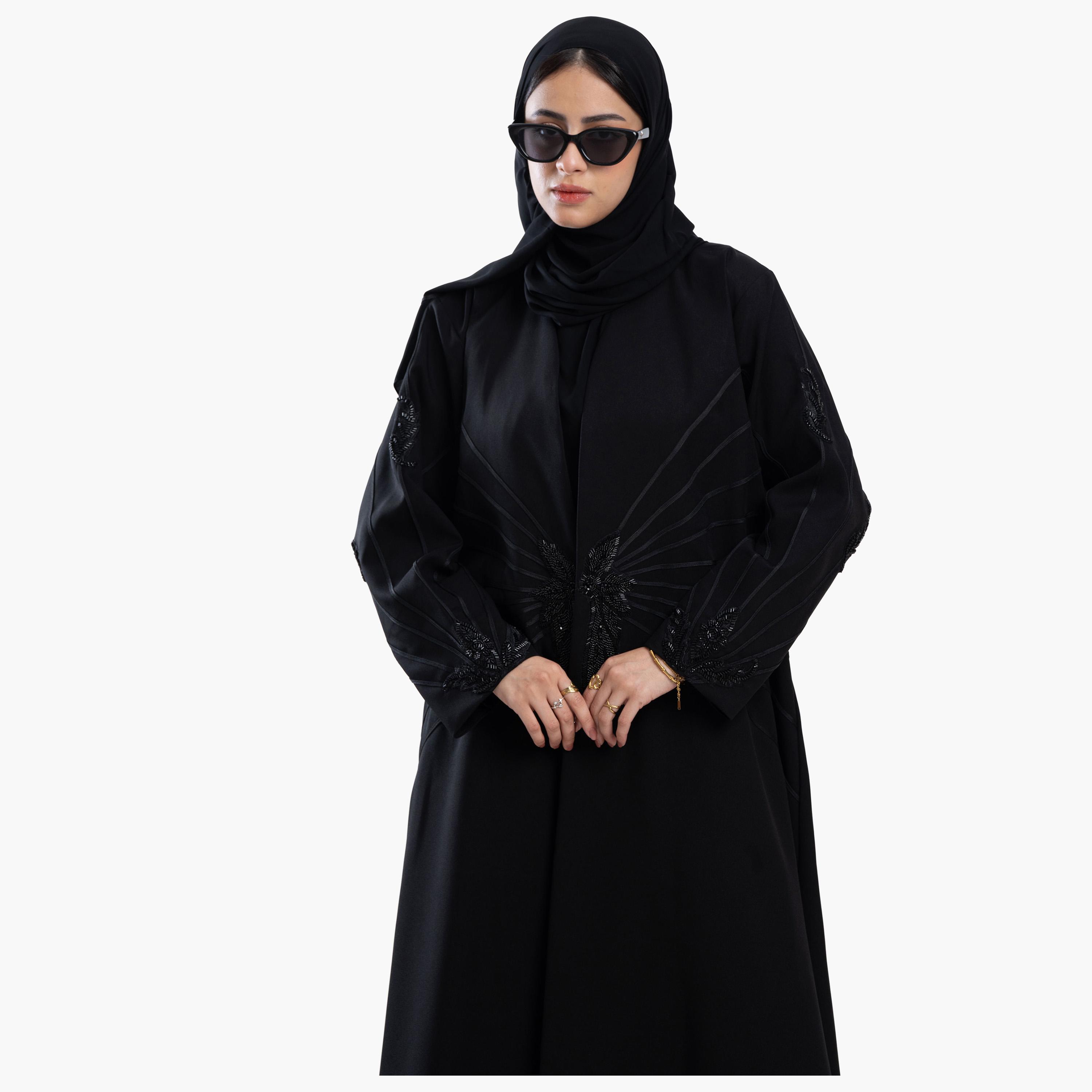 Zahiyh Black Beaded Women's Abaya with Tarha-women-arabicclothing-abayas-image-3