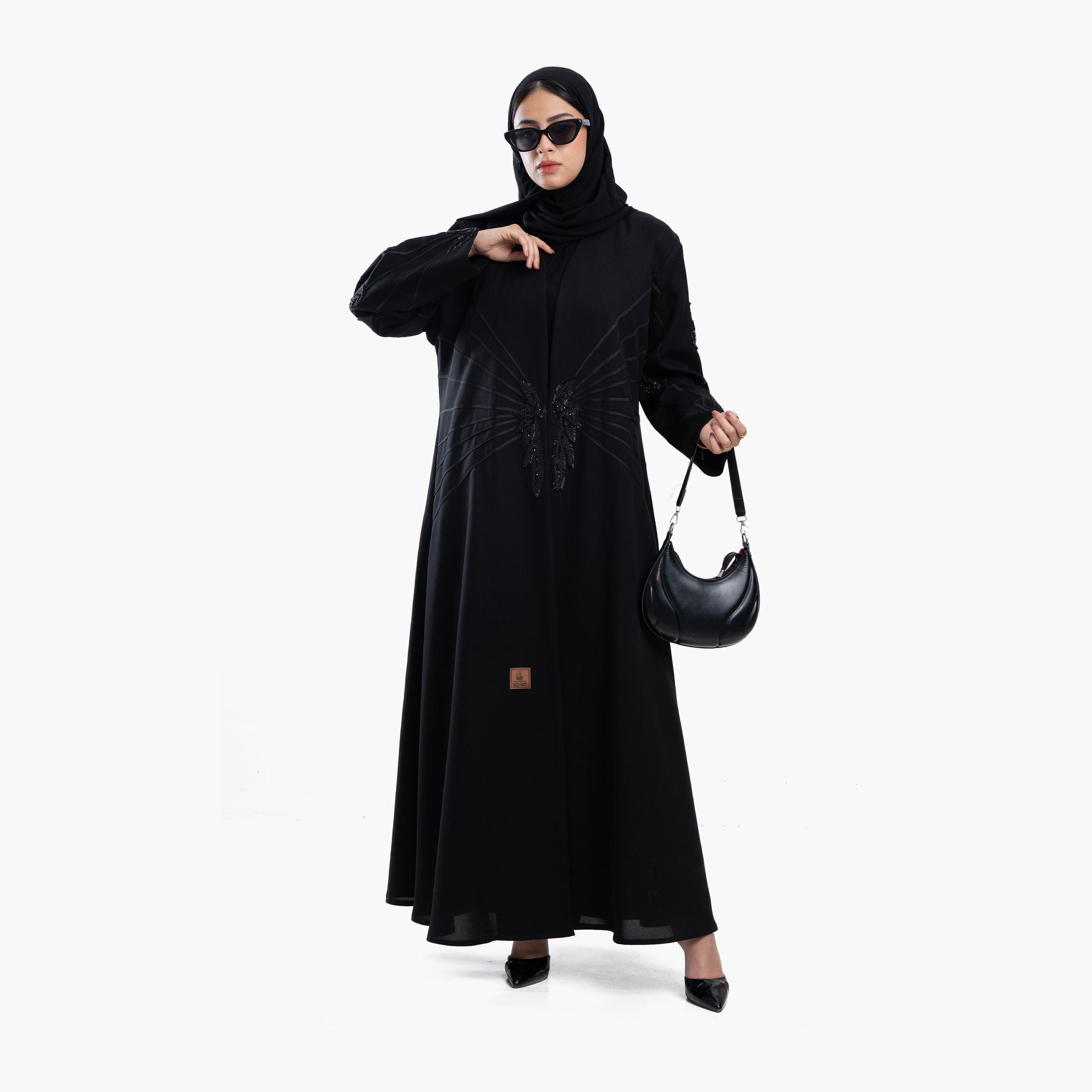 Zahiyh Black Beaded Women's Abaya with Tarha-women-arabicclothing-abayas-image-4
