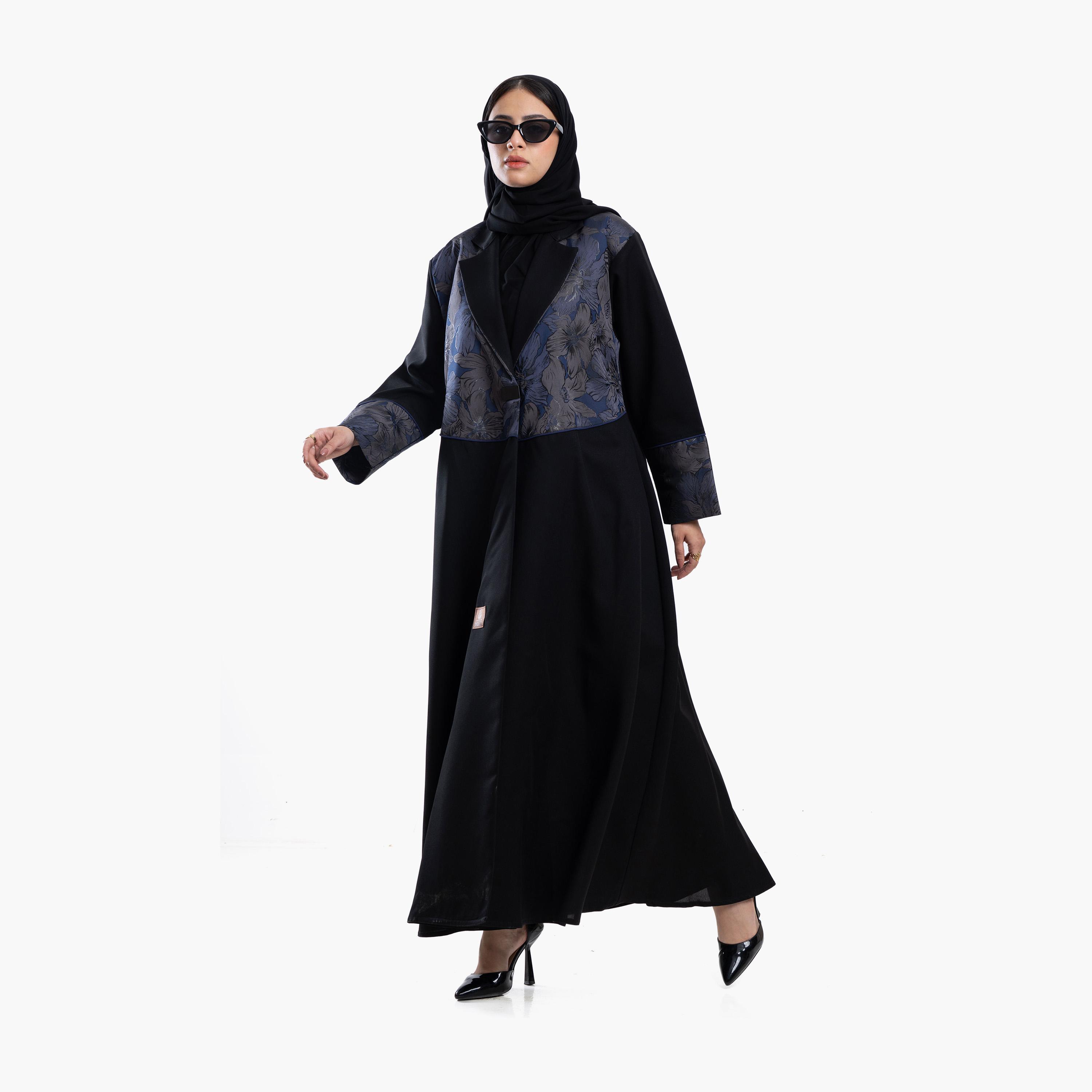 عباية نسائية باللون الأسود بنمط معطف وياقة بطبعة زهور وأكمام متباينة الأطراف مع طرحة من زاهية-women-arabicclothing-abayas-image-2