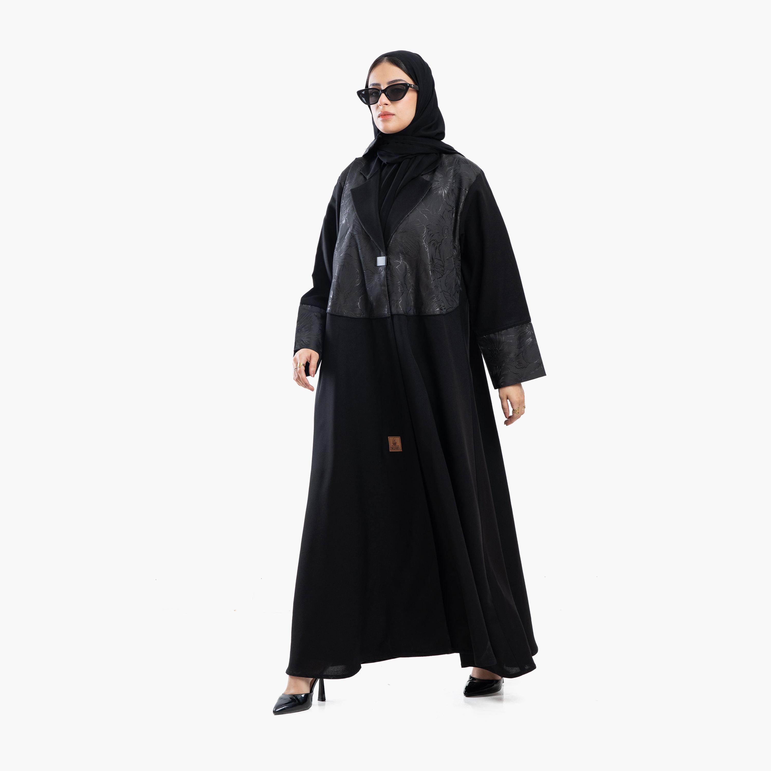 Zahiyh Black Floral Print Lapel Collar Contrast Cuff Sleeves Women's Coat Style Abaya with Tarha-women-arabicclothing-abayas-image-2