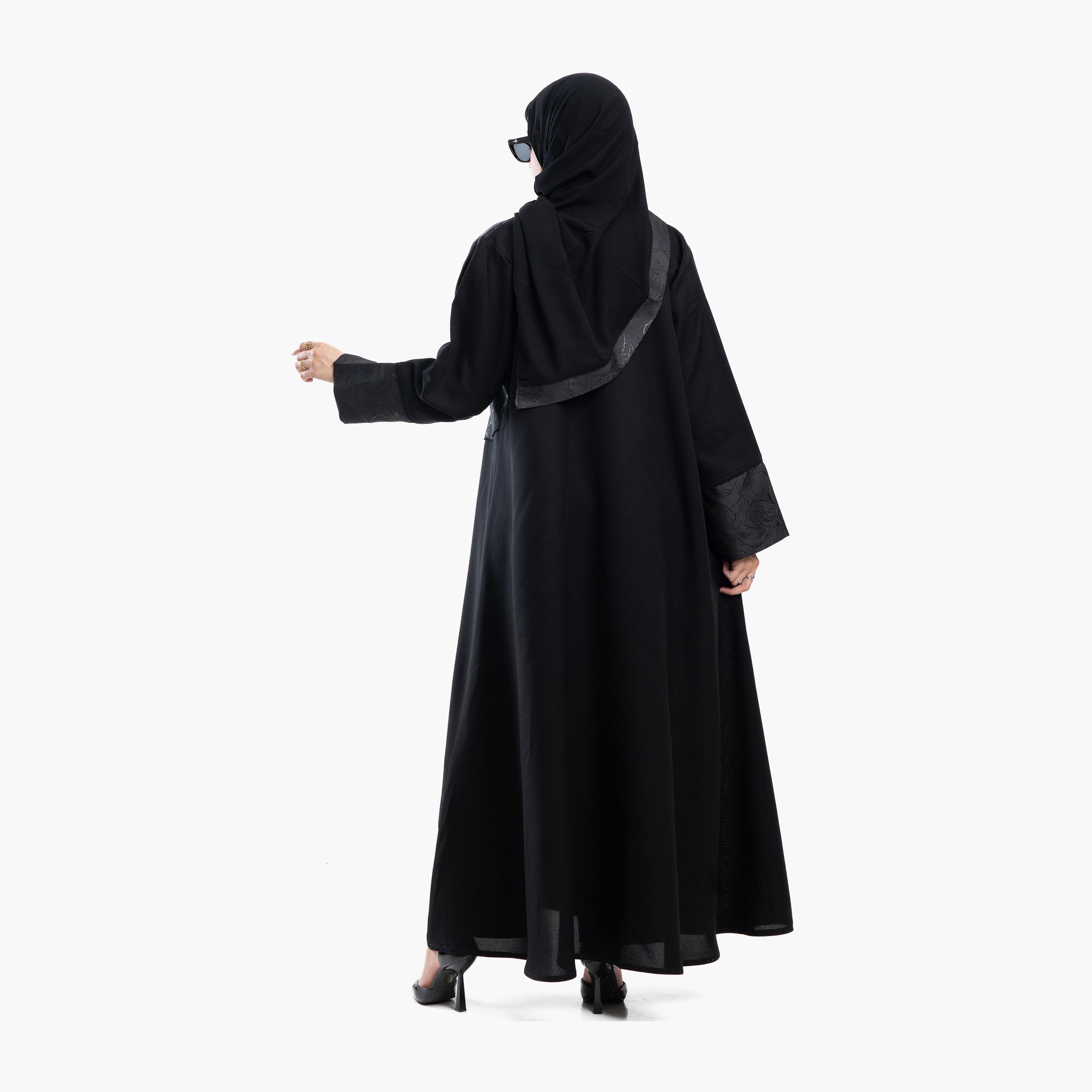 Zahiyh Black Floral Print Lapel Collar Contrast Cuff Sleeves Women's Coat Style Abaya with Tarha-women-arabicclothing-abayas-image-4
