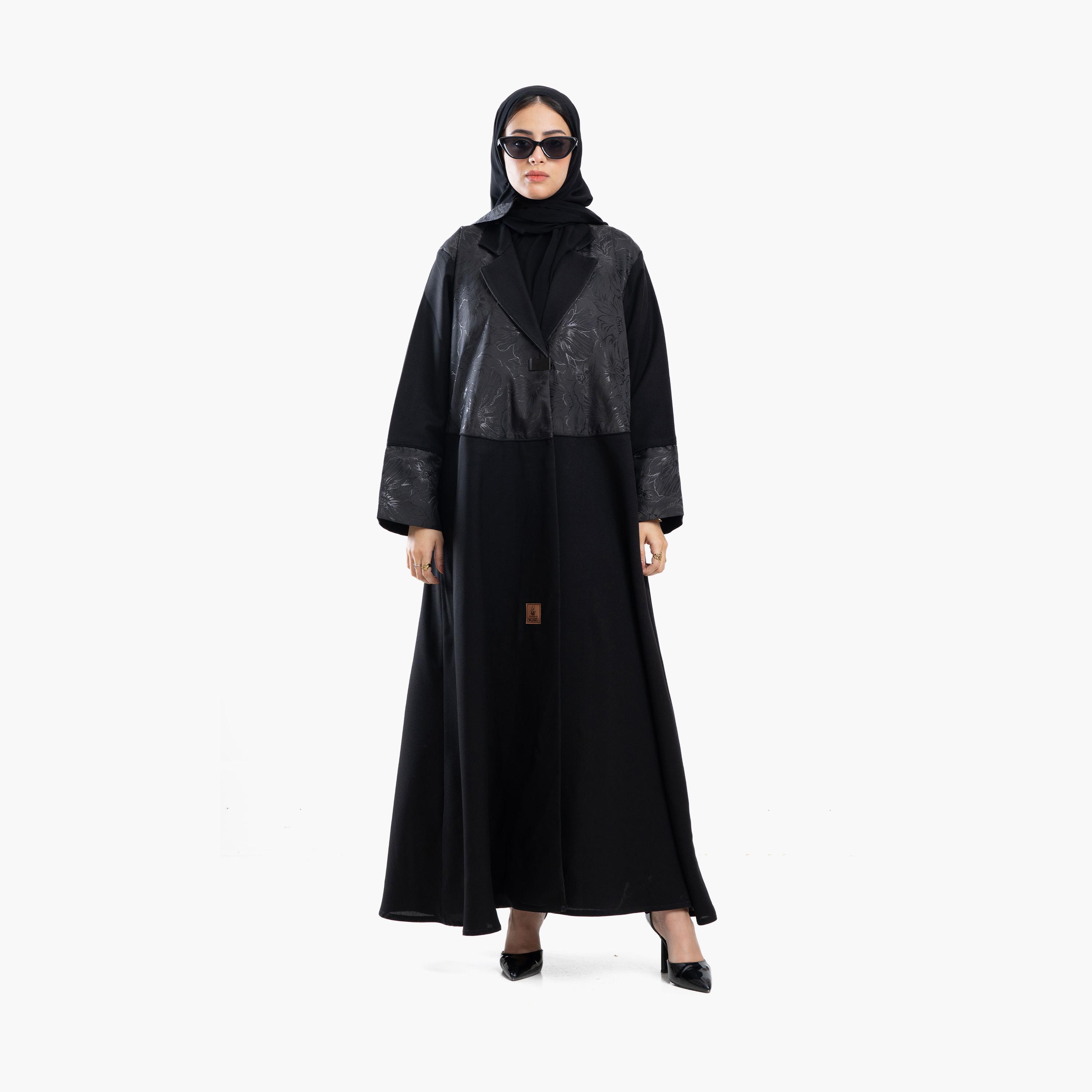 عباية نسائية باللون الأسود بنمط معطف وياقة بطبعة زهور وأكمام متباينة الأطراف مع طرحة من زاهية-women-arabicclothing-abayas-image-1
