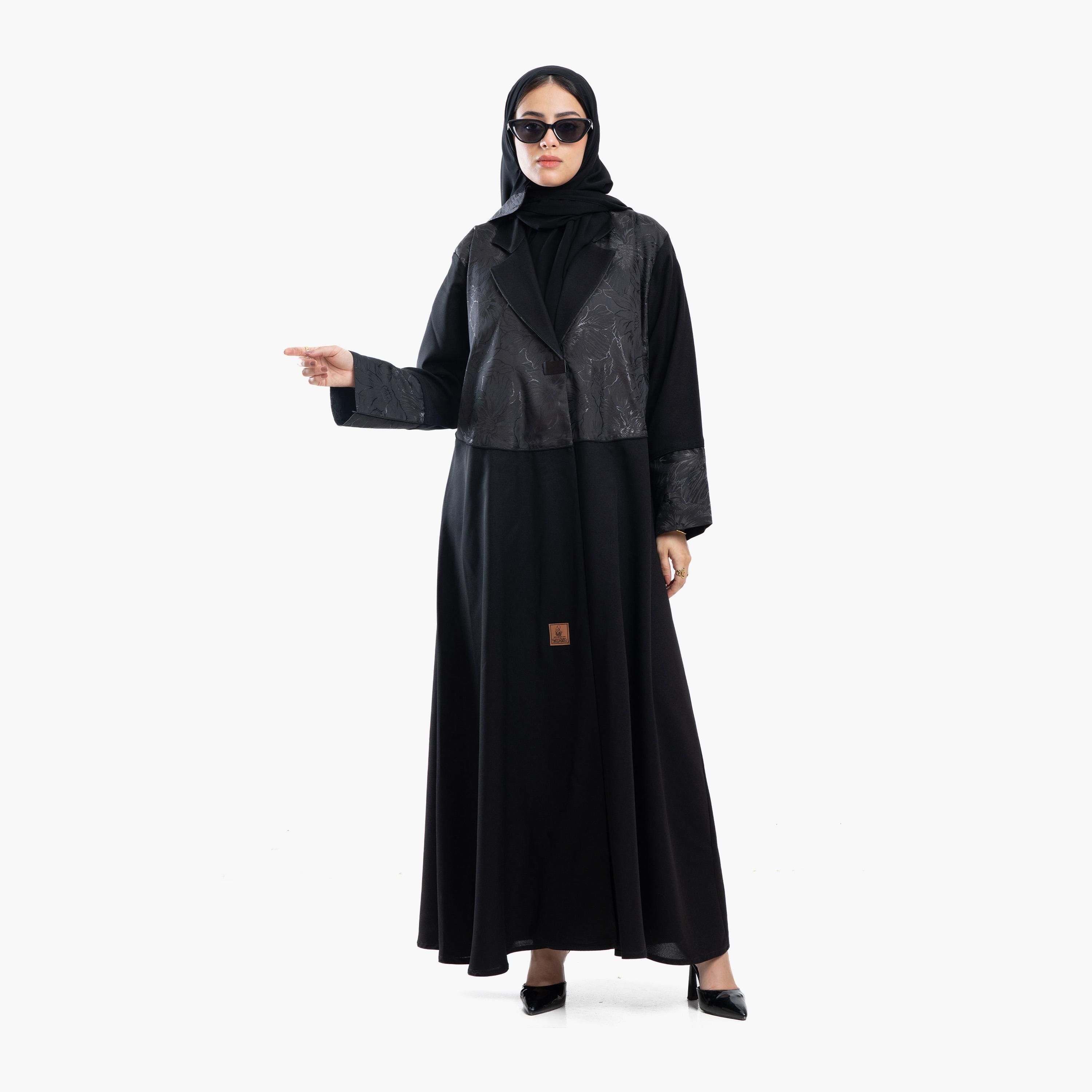 عباية نسائية باللون الأسود بنمط معطف وياقة بطبعة زهور وأكمام متباينة الأطراف مع طرحة من زاهية-women-arabicclothing-abayas-image-3