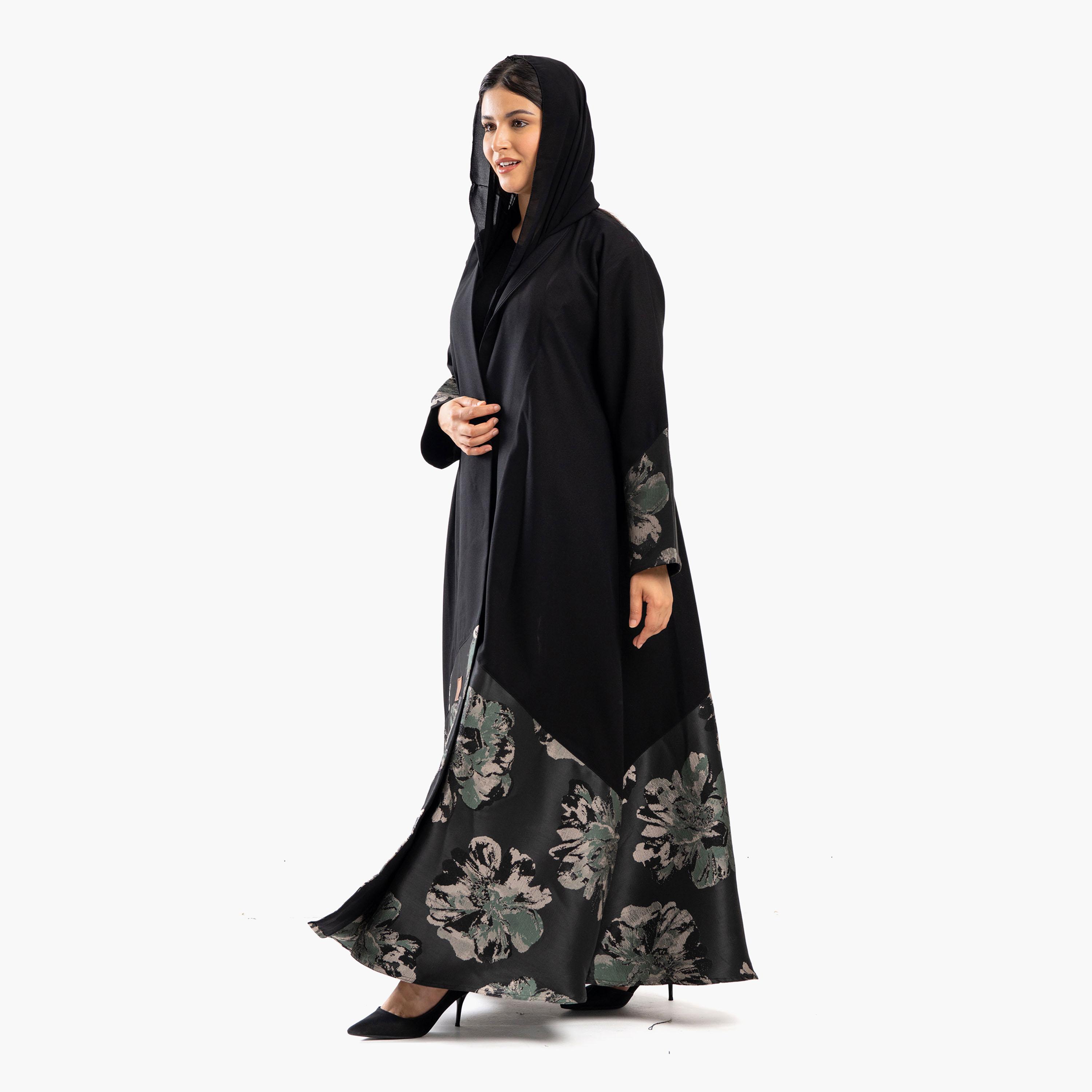 عباية سوداء بألواح مزينة بنقشة الأزهار مع حجاب من زاهية-women-arabicclothing-abayas-image-2