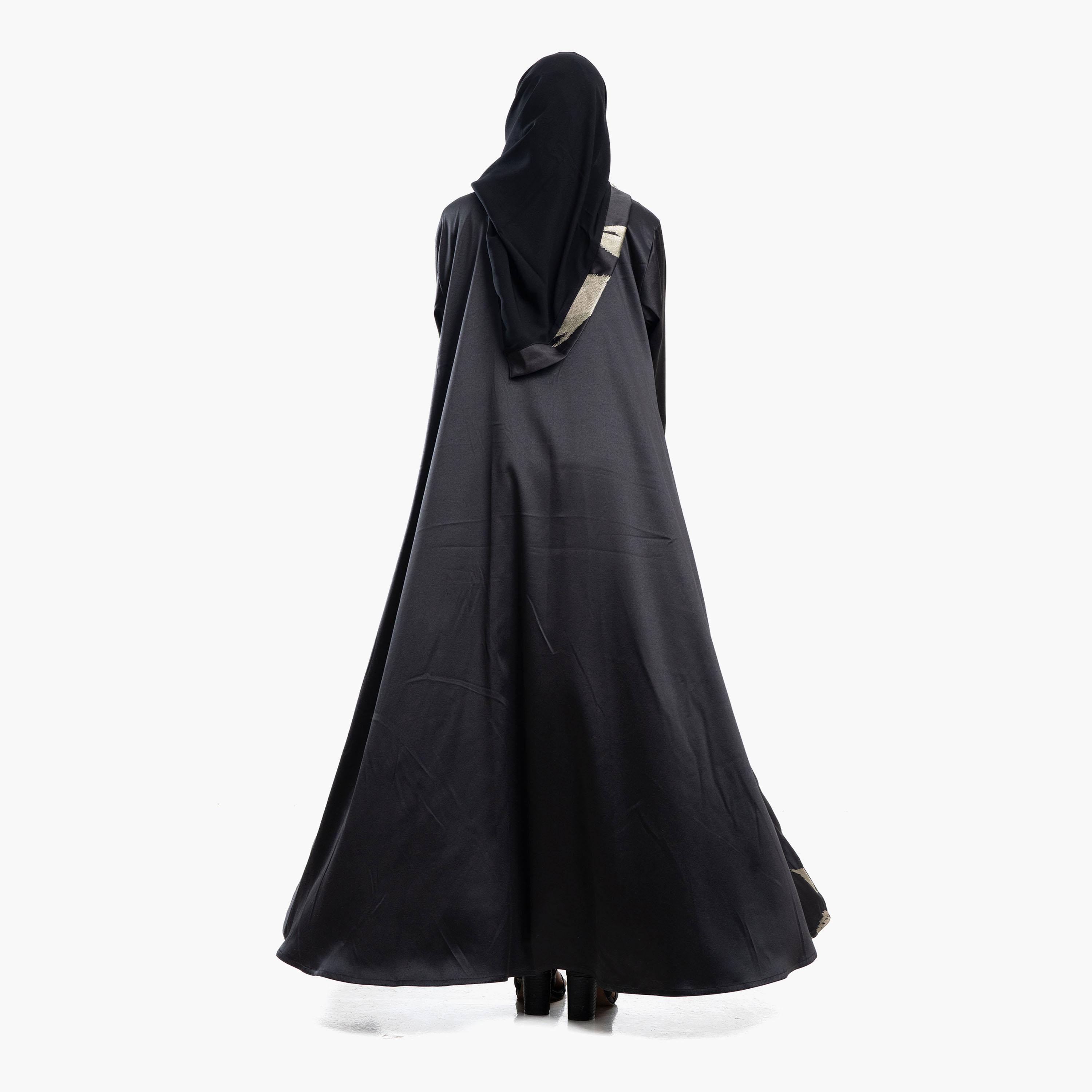 Zahiyh Black Brushstroke Print Women's Abaya with Hijab-women-arabicclothing-abayas-image-4