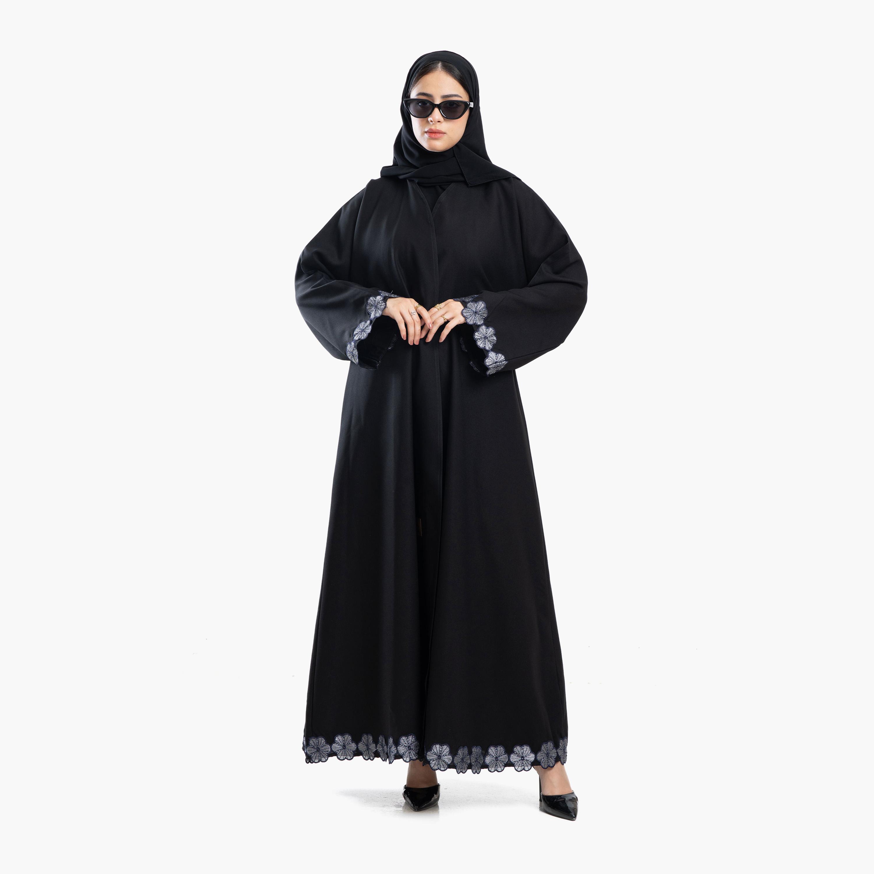 Zahiyh Black Floral Lace Wide Sleeves Women's Abaya with Tarha-women-arabicclothing-abayas-image-1