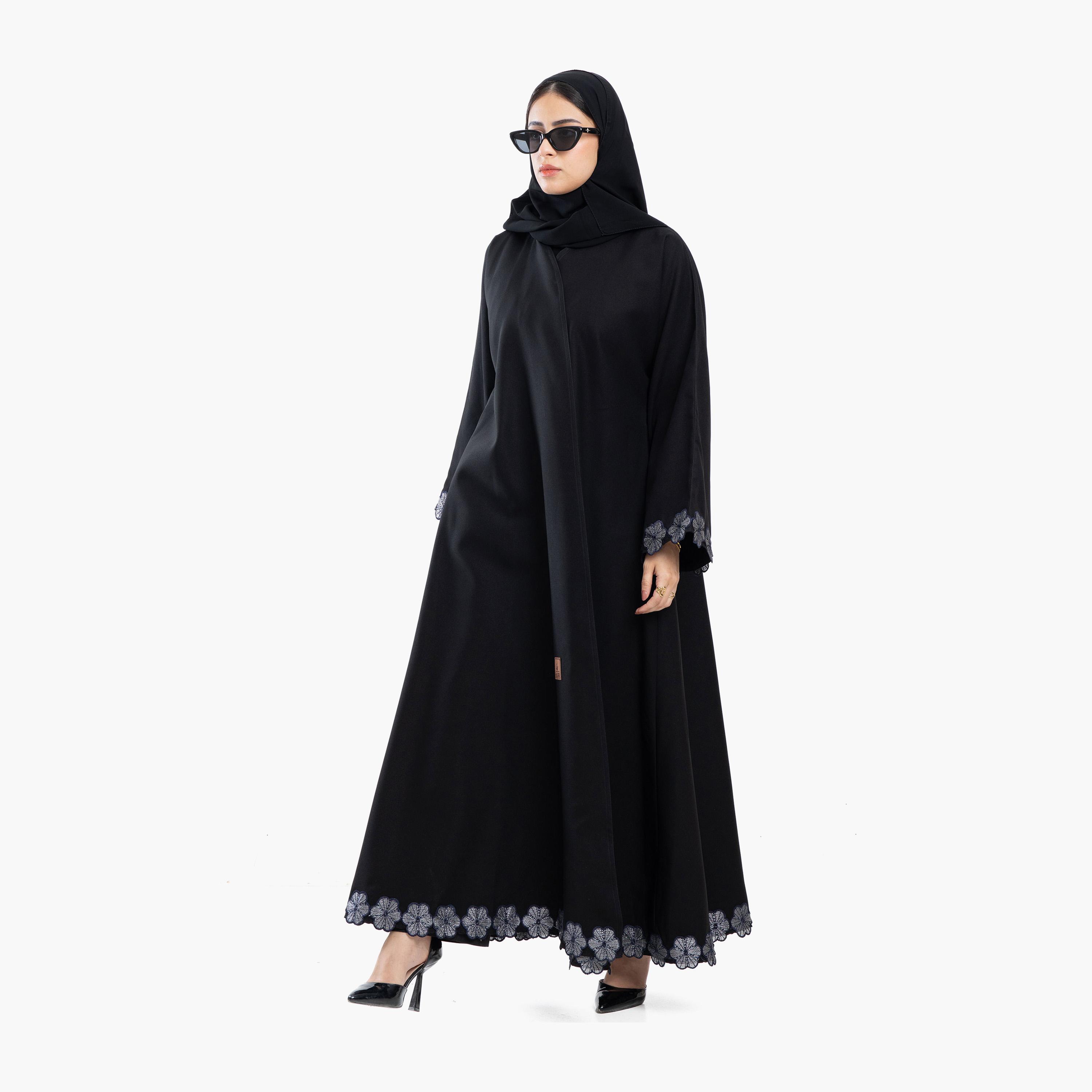 Zahiyh Black Floral Lace Wide Sleeves Women's Abaya with Tarha-women-arabicclothing-abayas-image-2