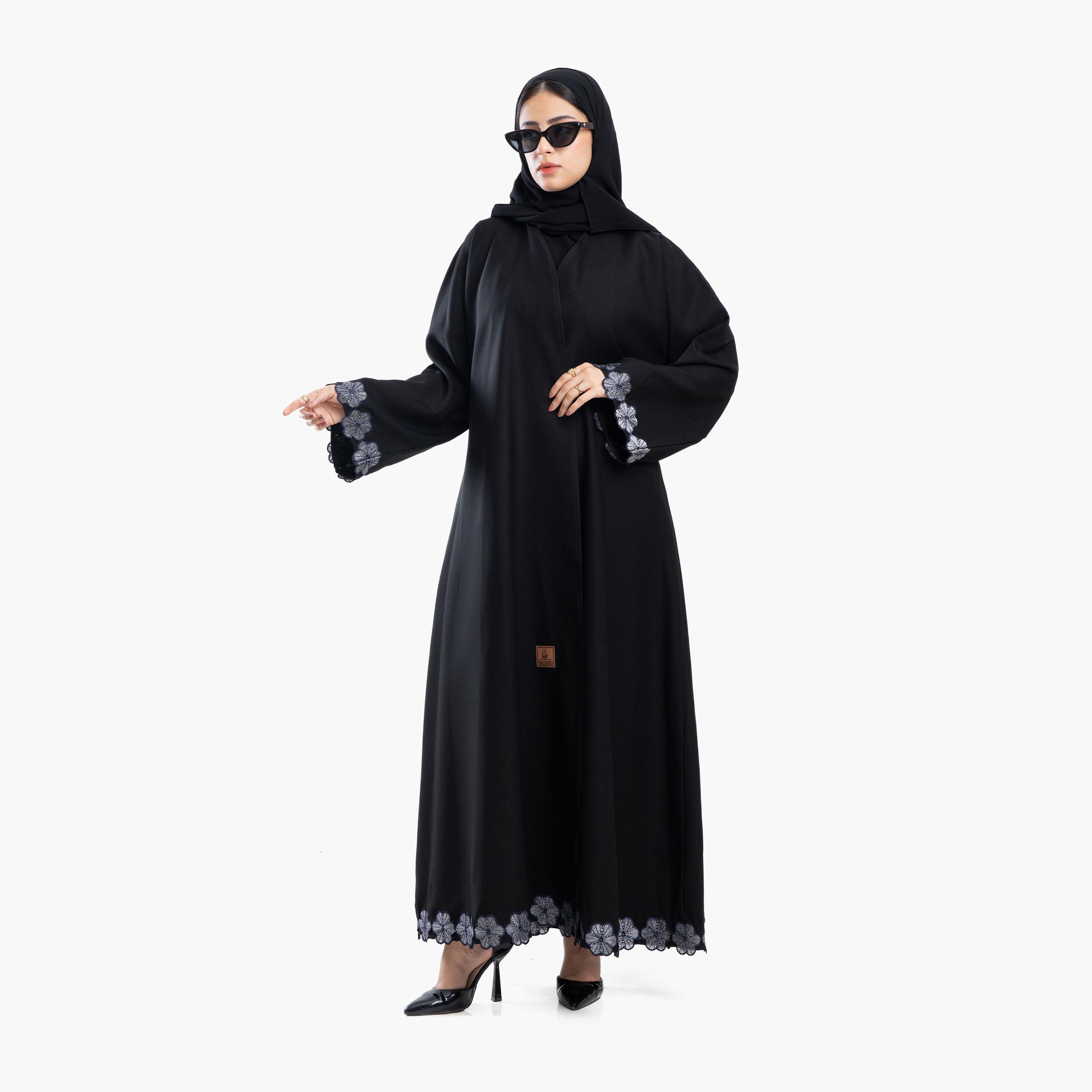 Zahiyh Black Floral Lace Wide Sleeves Women's Abaya with Tarha-women-arabicclothing-abayas-image-3