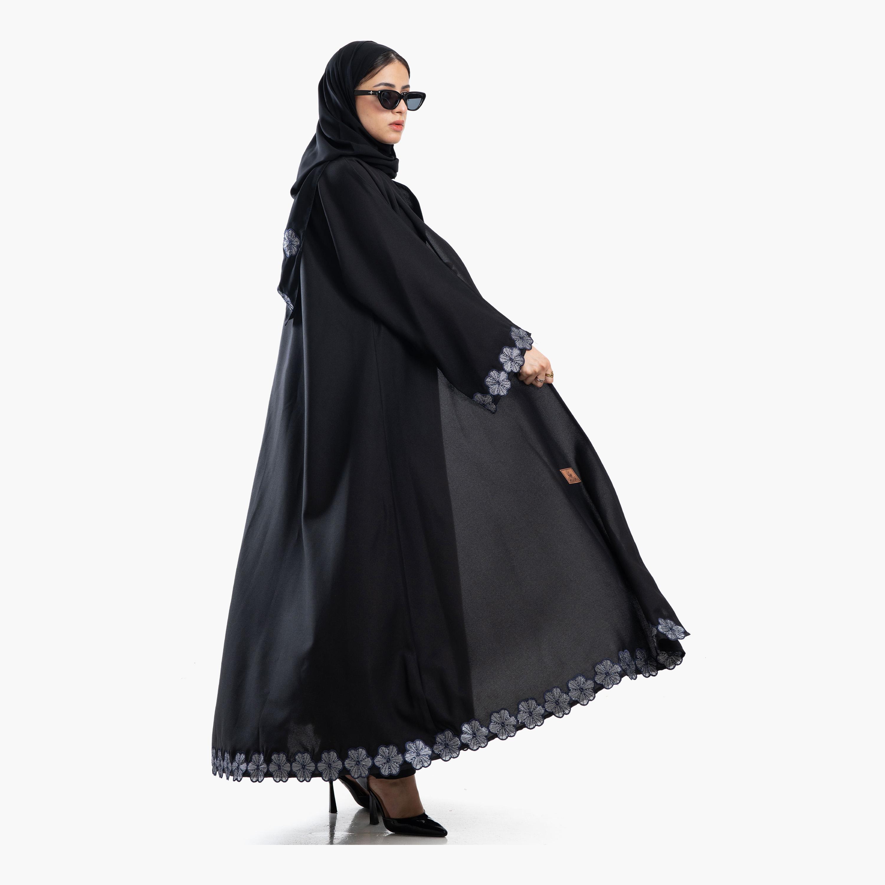 Zahiyh Black Floral Lace Wide Sleeves Women's Abaya with Tarha-women-arabicclothing-abayas-image-4