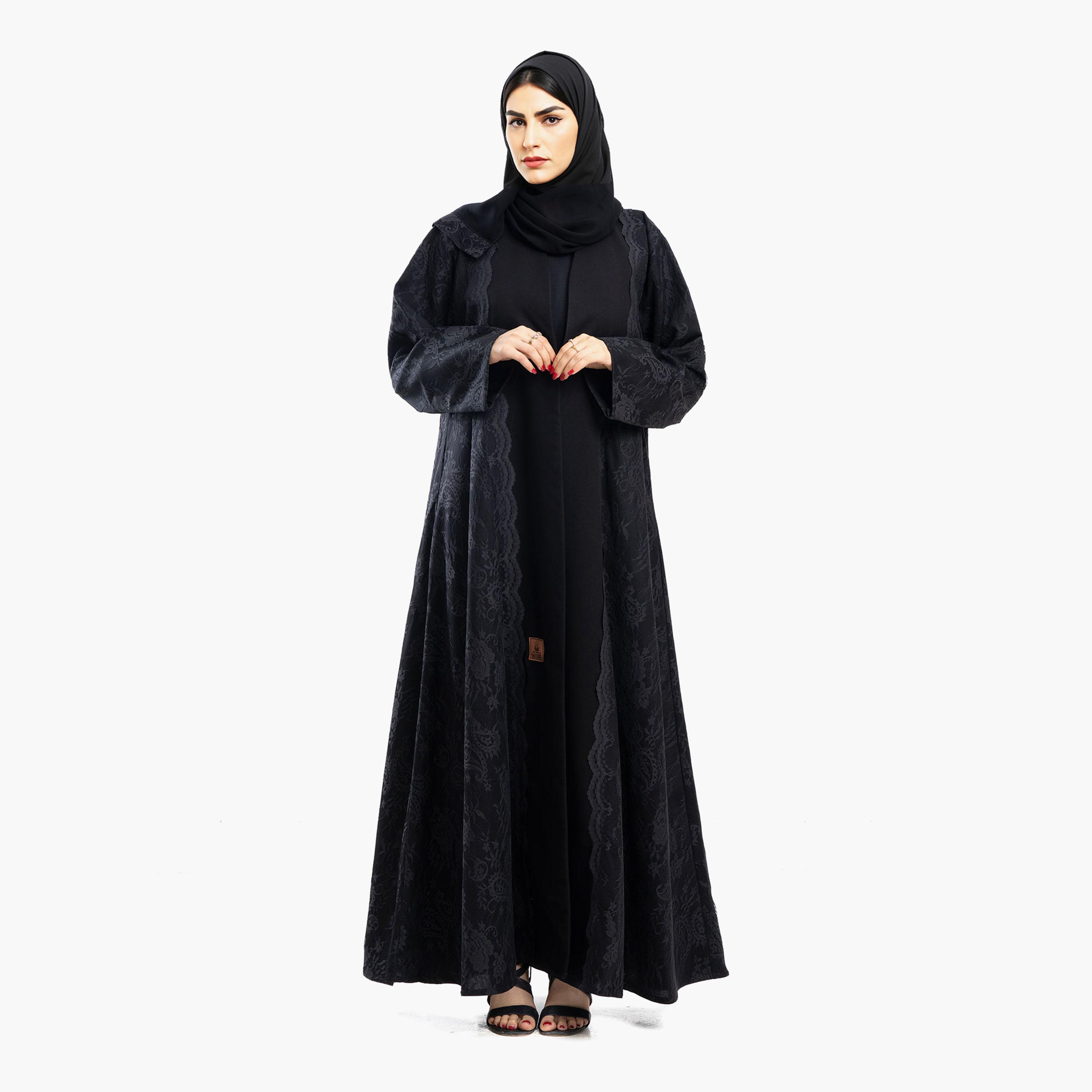Zahiyh Black Paisley Patterned Lace Women's Abaya with Hijab-women-arabicclothing-abayas-image-1