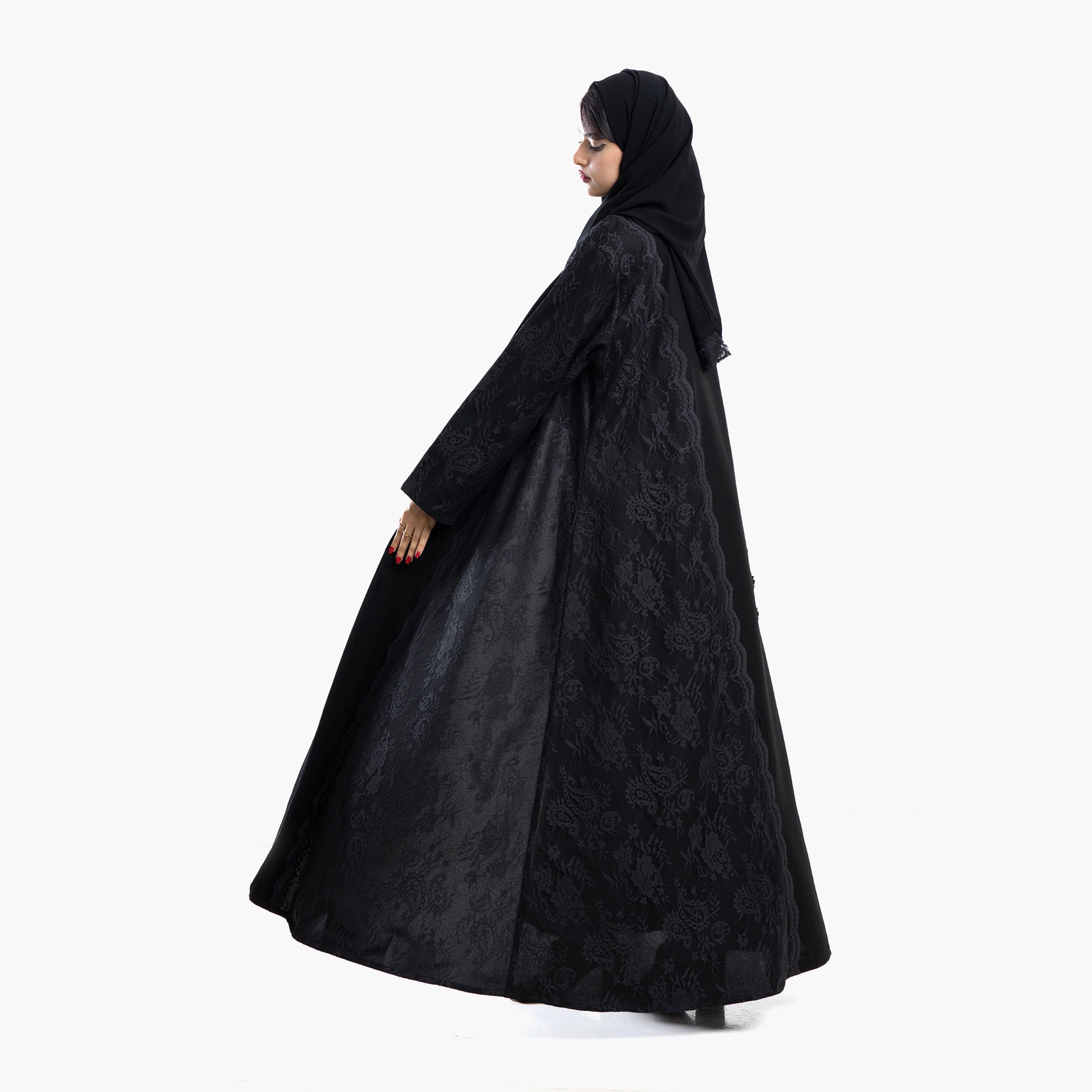 Zahiyh Black Paisley Patterned Lace Women's Abaya with Hijab-women-arabicclothing-abayas-image-2