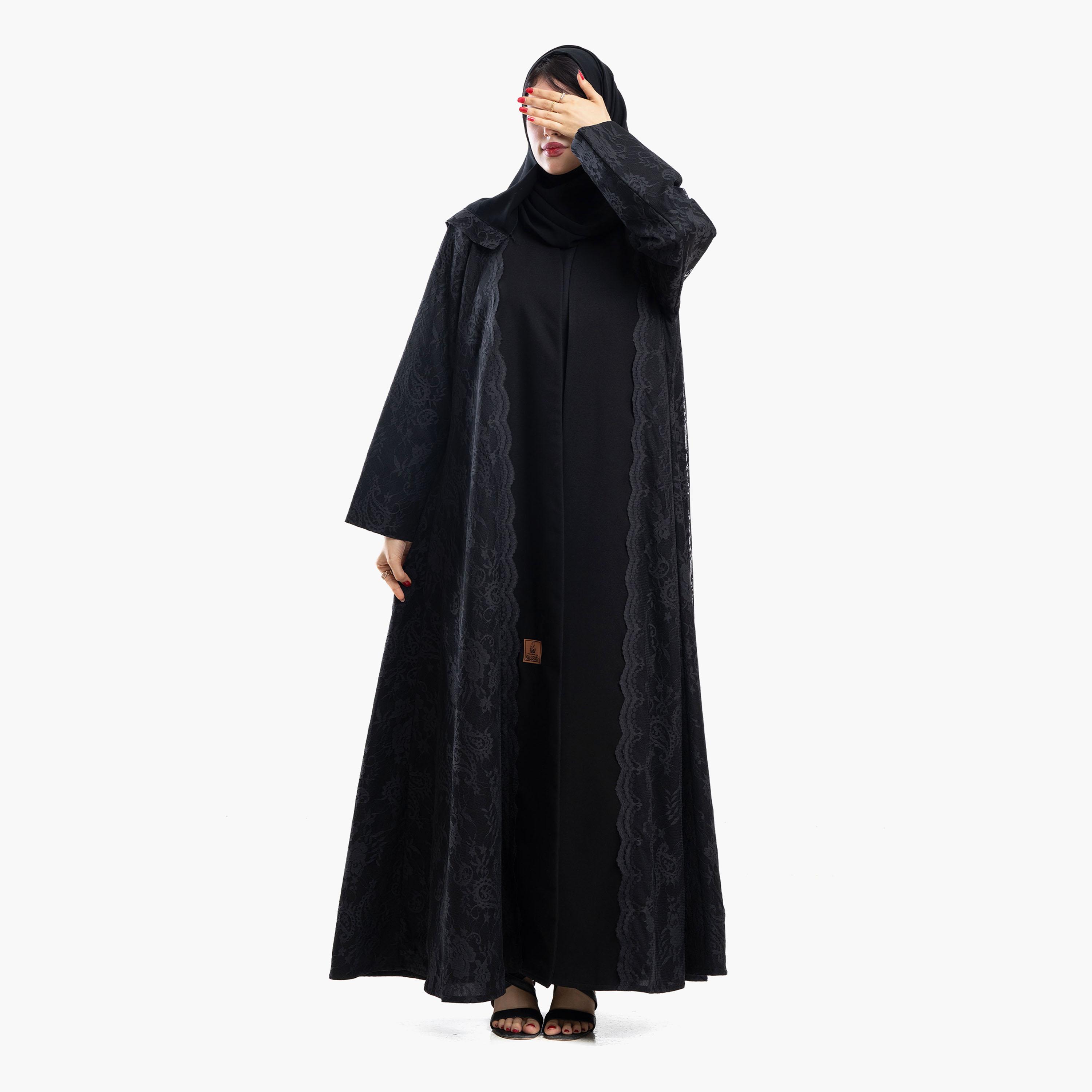 Zahiyh Black Paisley Patterned Lace Women's Abaya with Hijab-women-arabicclothing-abayas-image-3