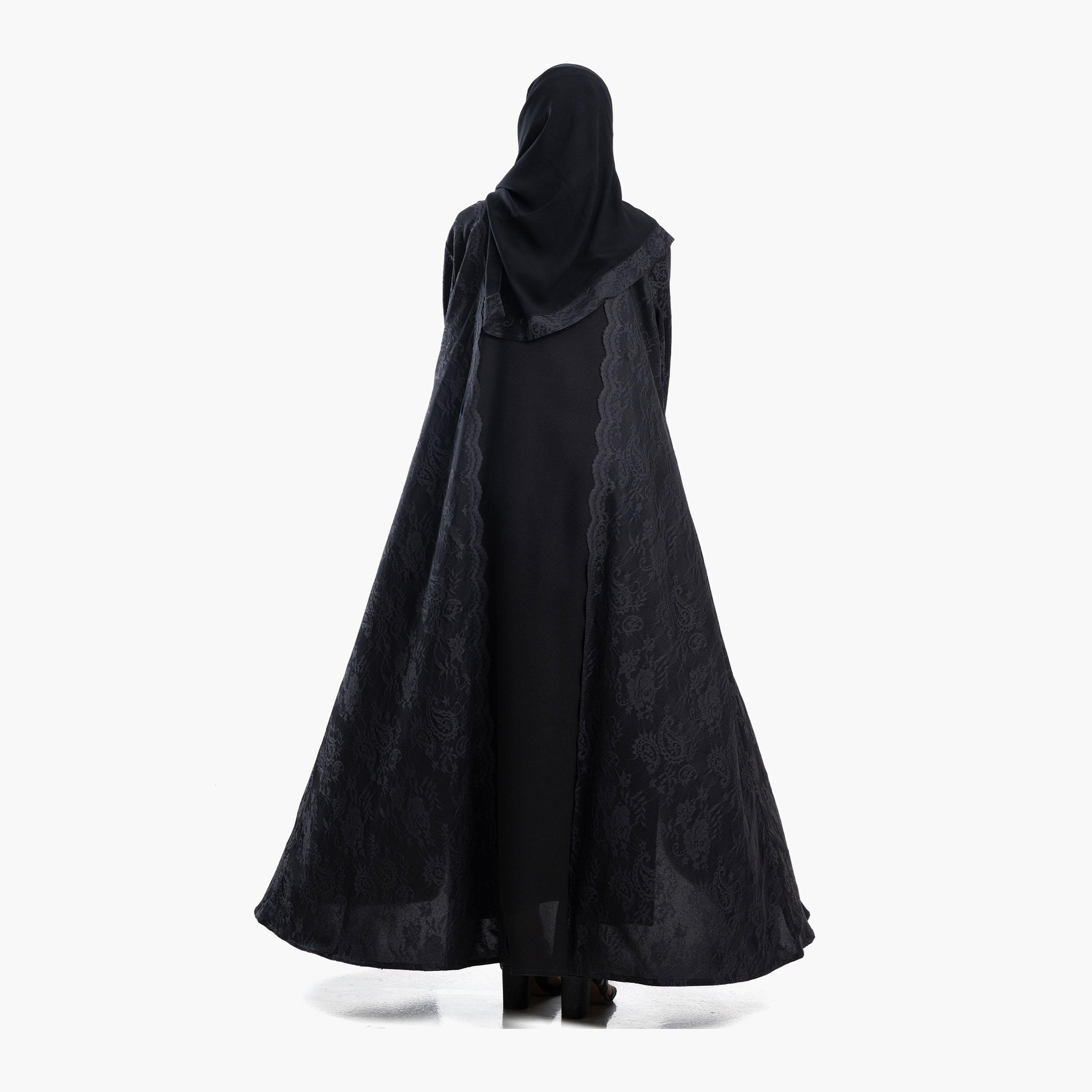 Zahiyh Black Paisley Patterned Lace Women's Abaya with Hijab-women-arabicclothing-abayas-image-4