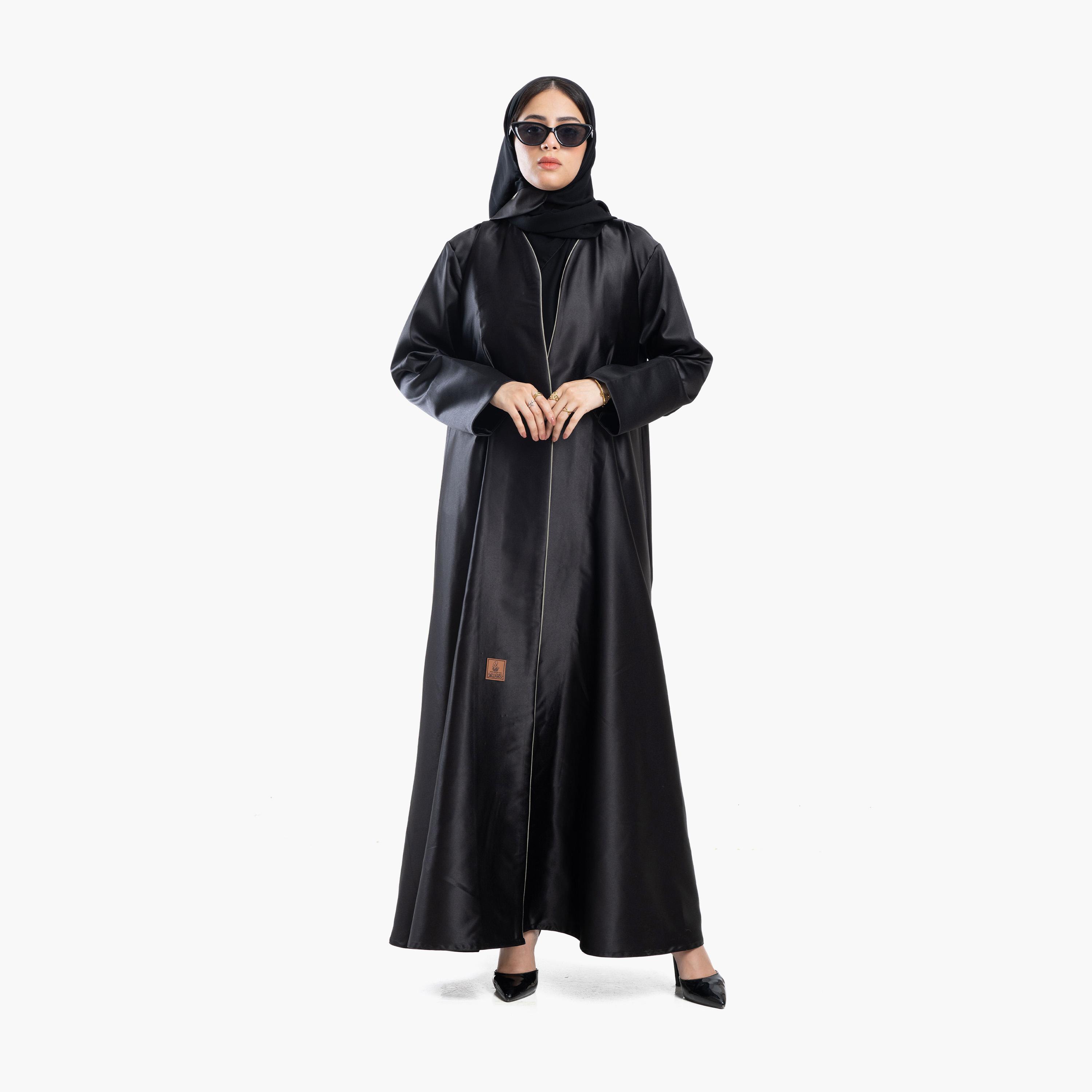 Zahiyh Black Abstract Embroidered Satin Women's Abaya with Tarha-women-arabicclothing-abayas-image-1