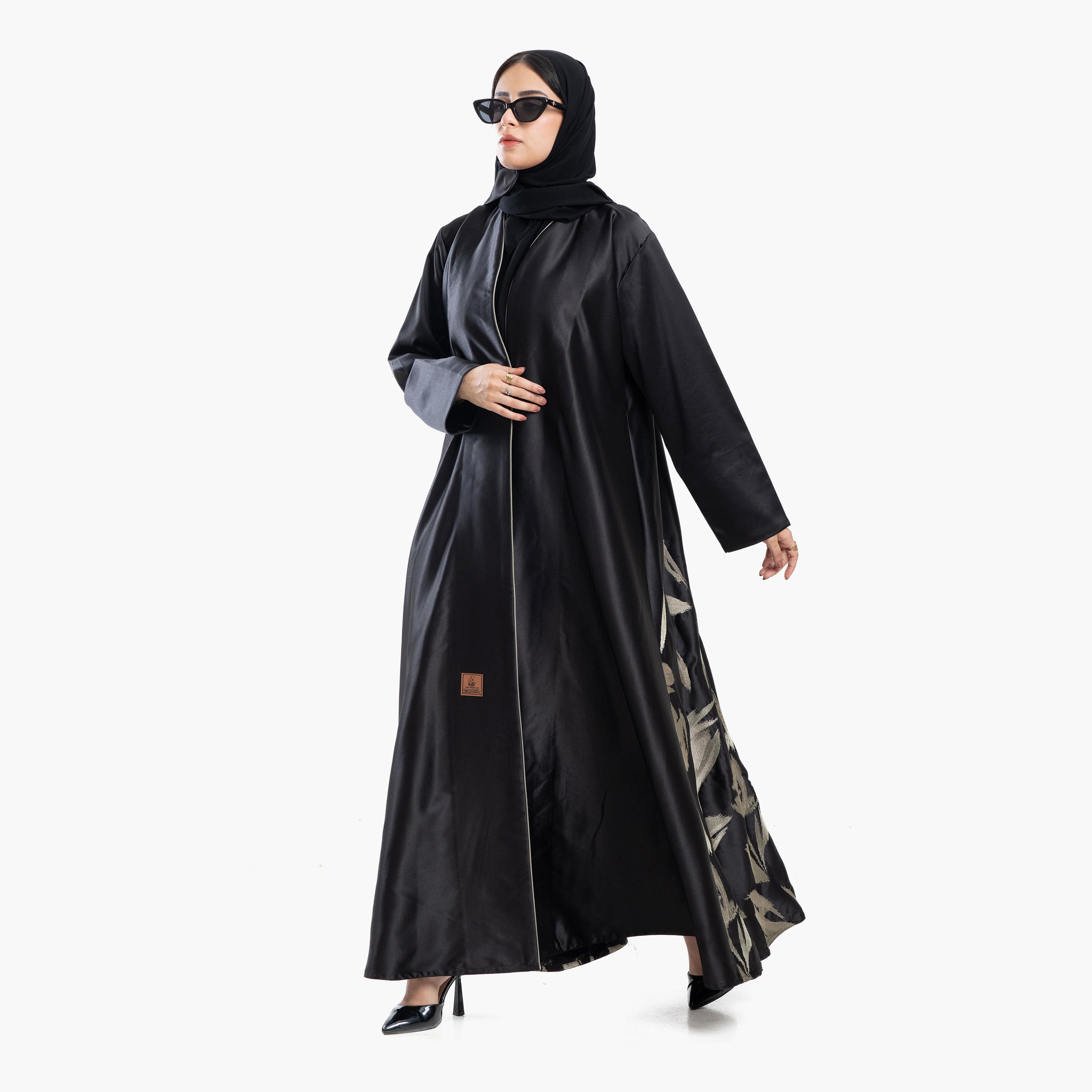 Zahiyh Black Abstract Embroidered Satin Women's Abaya with Tarha-women-arabicclothing-abayas-image-2
