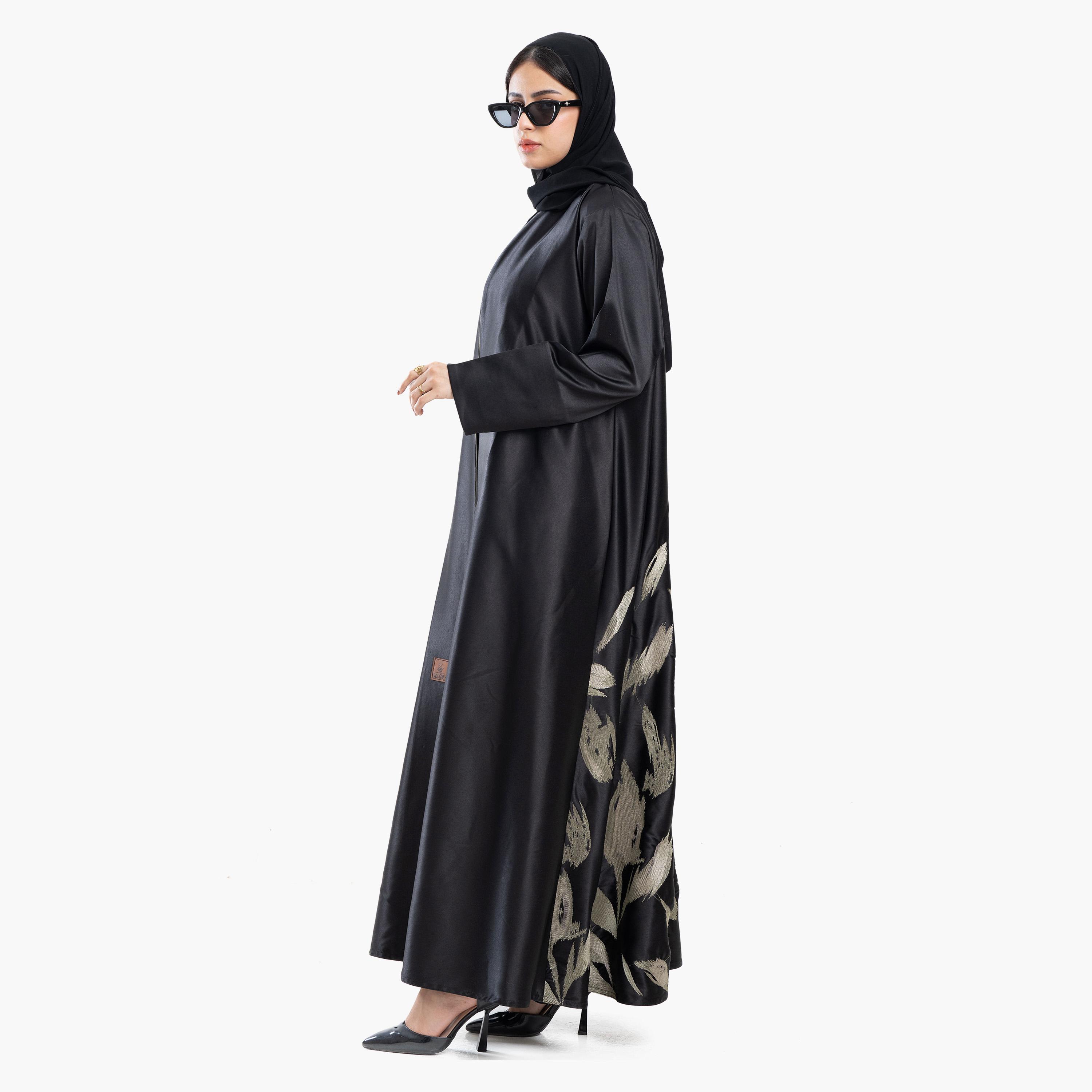 Zahiyh Black Abstract Embroidered Satin Women's Abaya with Tarha-women-arabicclothing-abayas-image-3