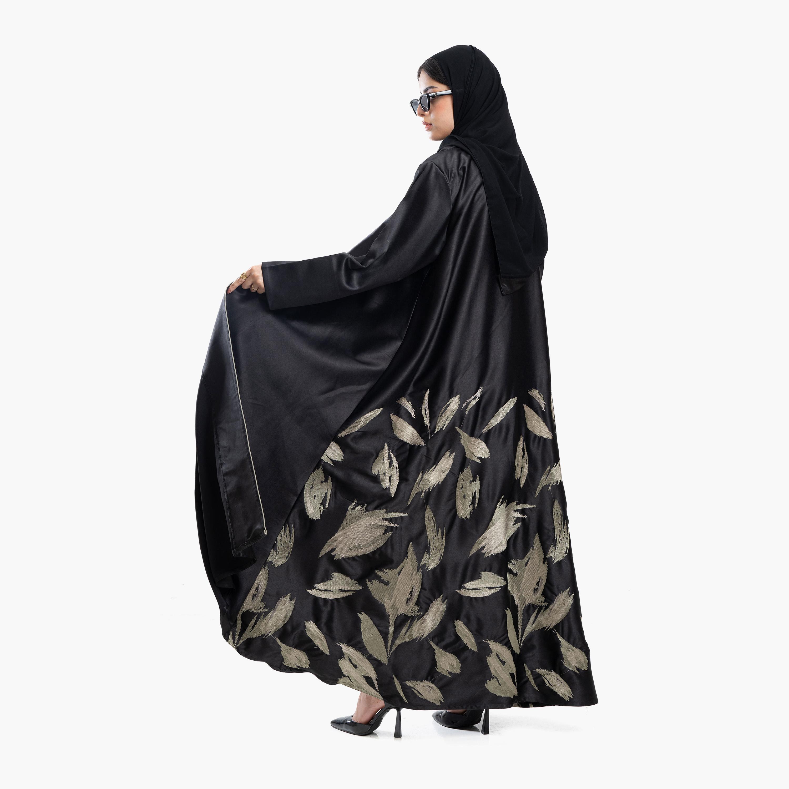 Zahiyh Black Abstract Embroidered Satin Women's Abaya with Tarha-women-arabicclothing-abayas-image-4