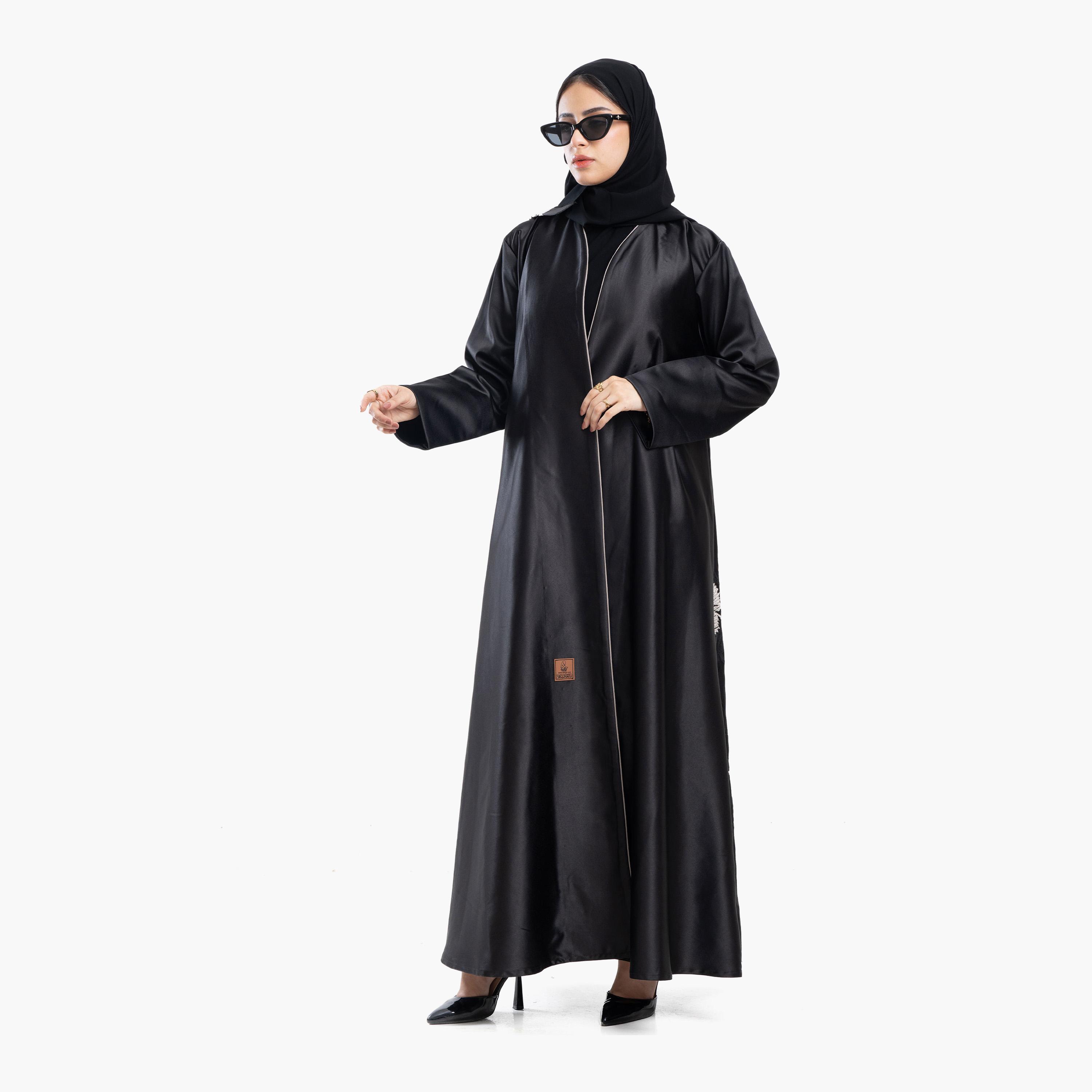 Zahiyh Black Embroidered Leaf Satin Women's Abaya with Tarha-women-arabicclothing-abayas-image-1