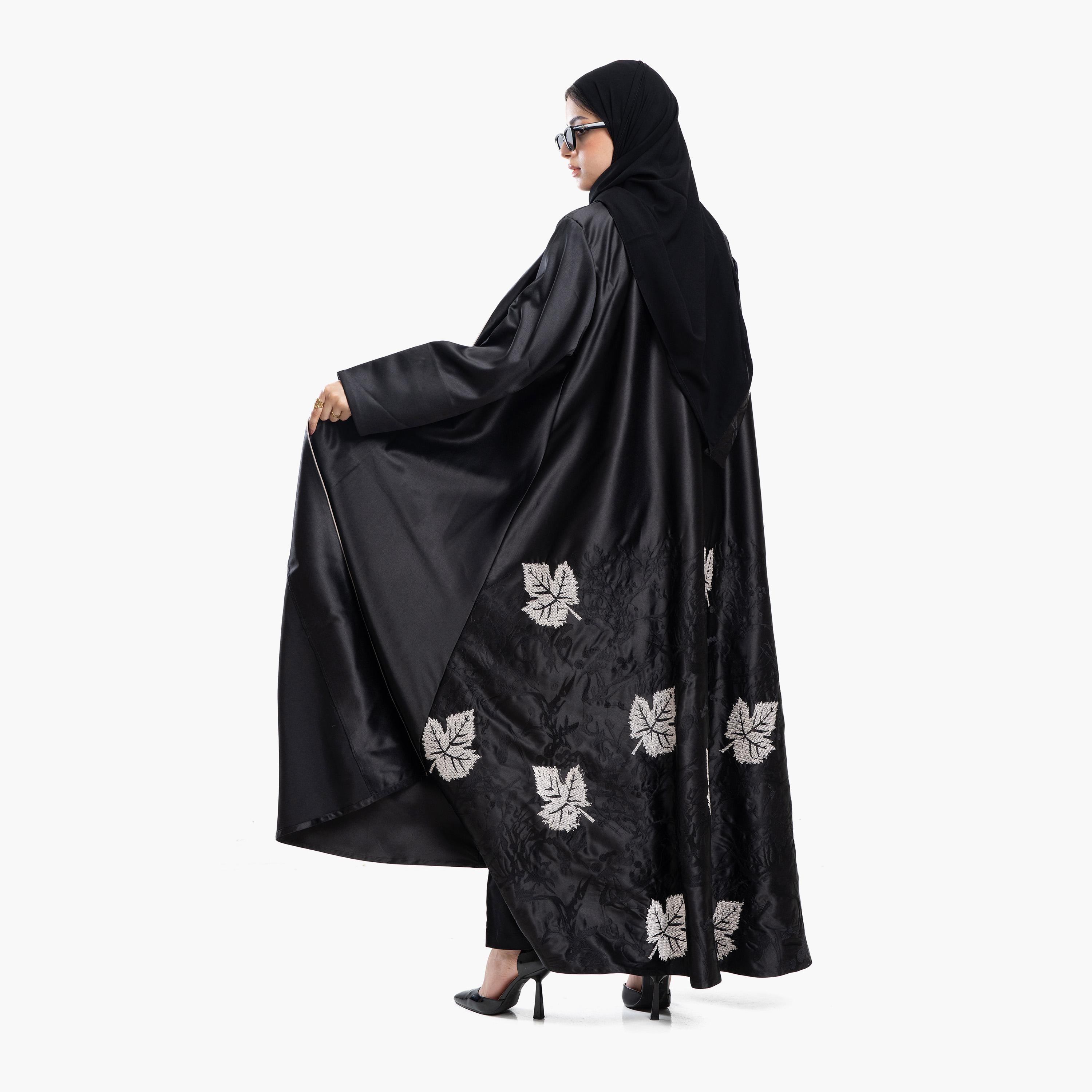 Zahiyh Black Embroidered Leaf Satin Women's Abaya with Tarha-women-arabicclothing-abayas-image-2