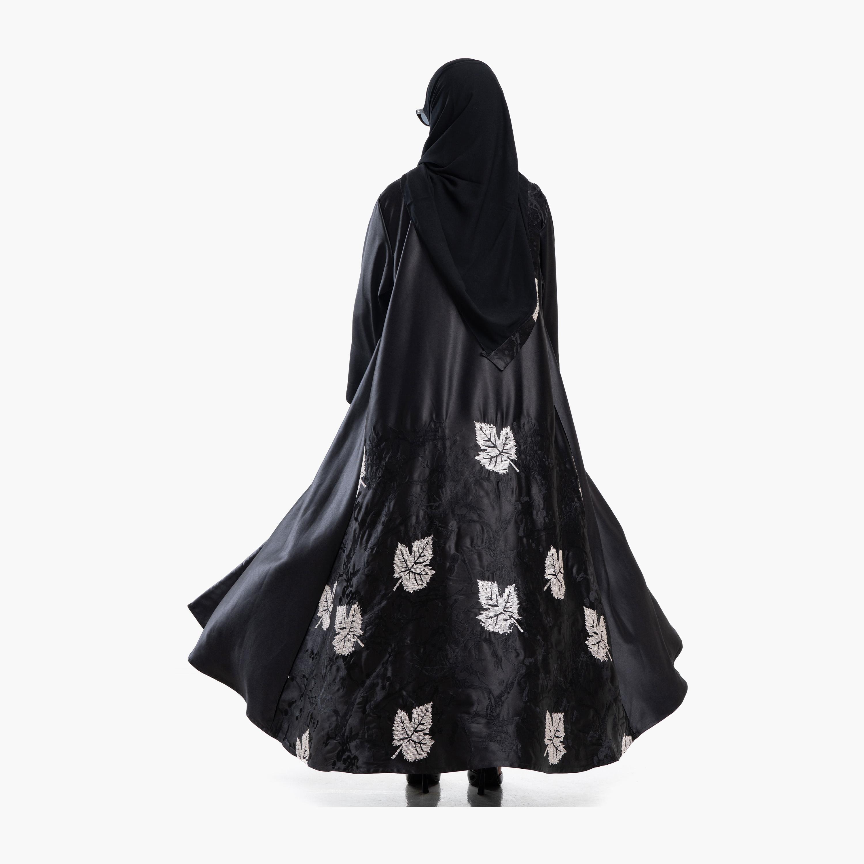 Zahiyh Black Embroidered Leaf Satin Women's Abaya with Tarha-women-arabicclothing-abayas-image-3