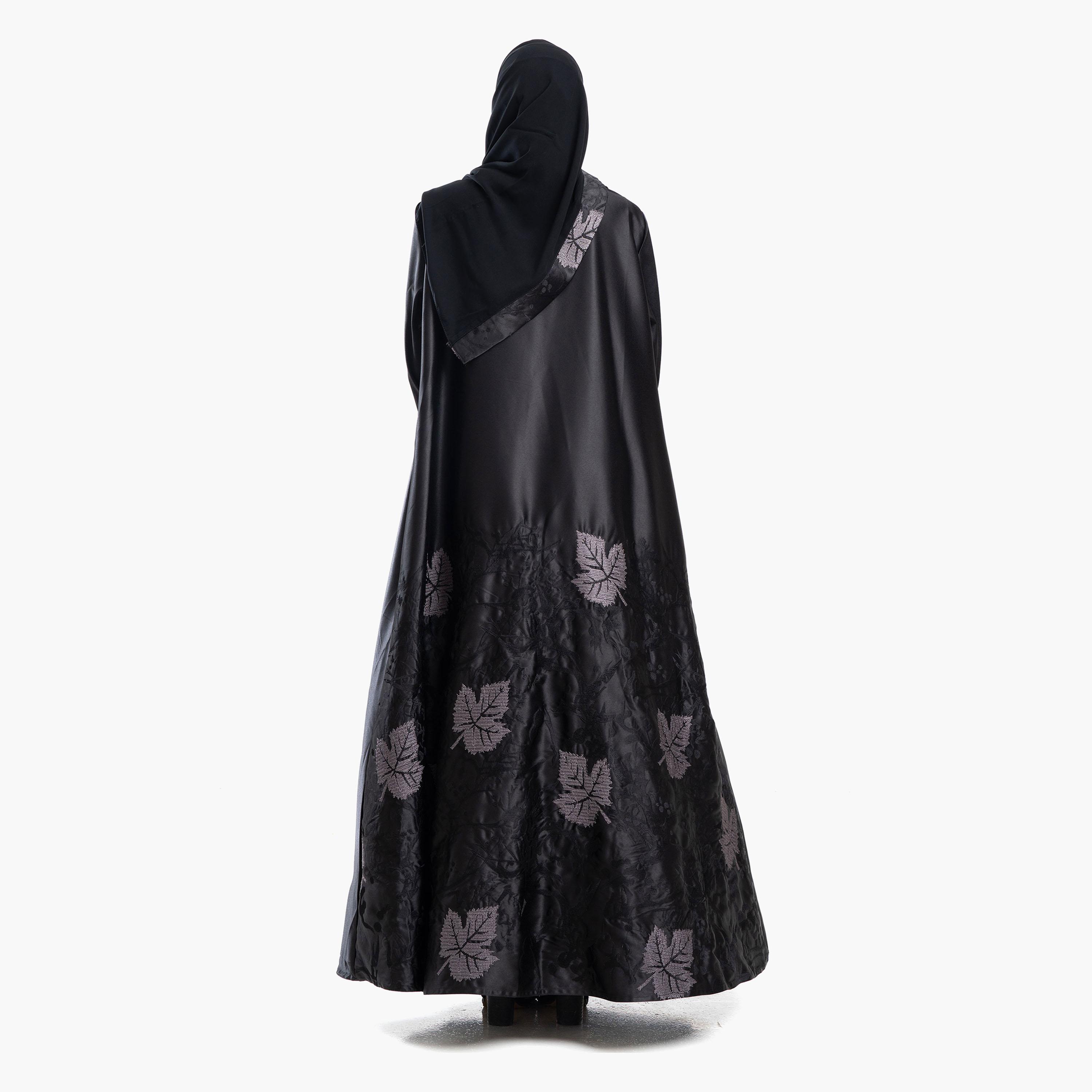 Zahiyh Black Leaf Embroidered Women's Abaya with Hijab-women-arabicclothing-abayas-image-3
