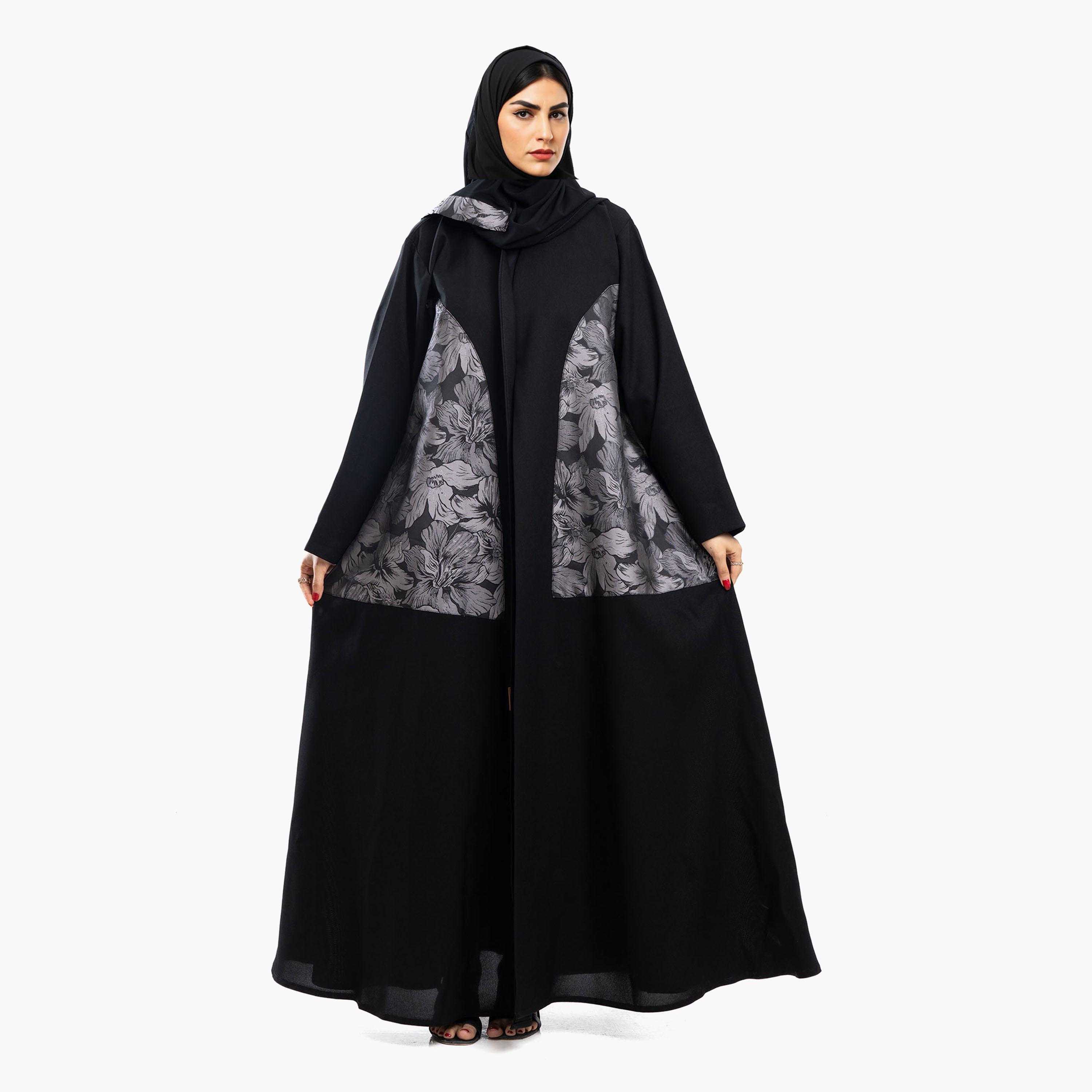 Zahiyh Black Panelled Floral Print Women's Abaya with Hijab-women-arabicclothing-abayas-image-1