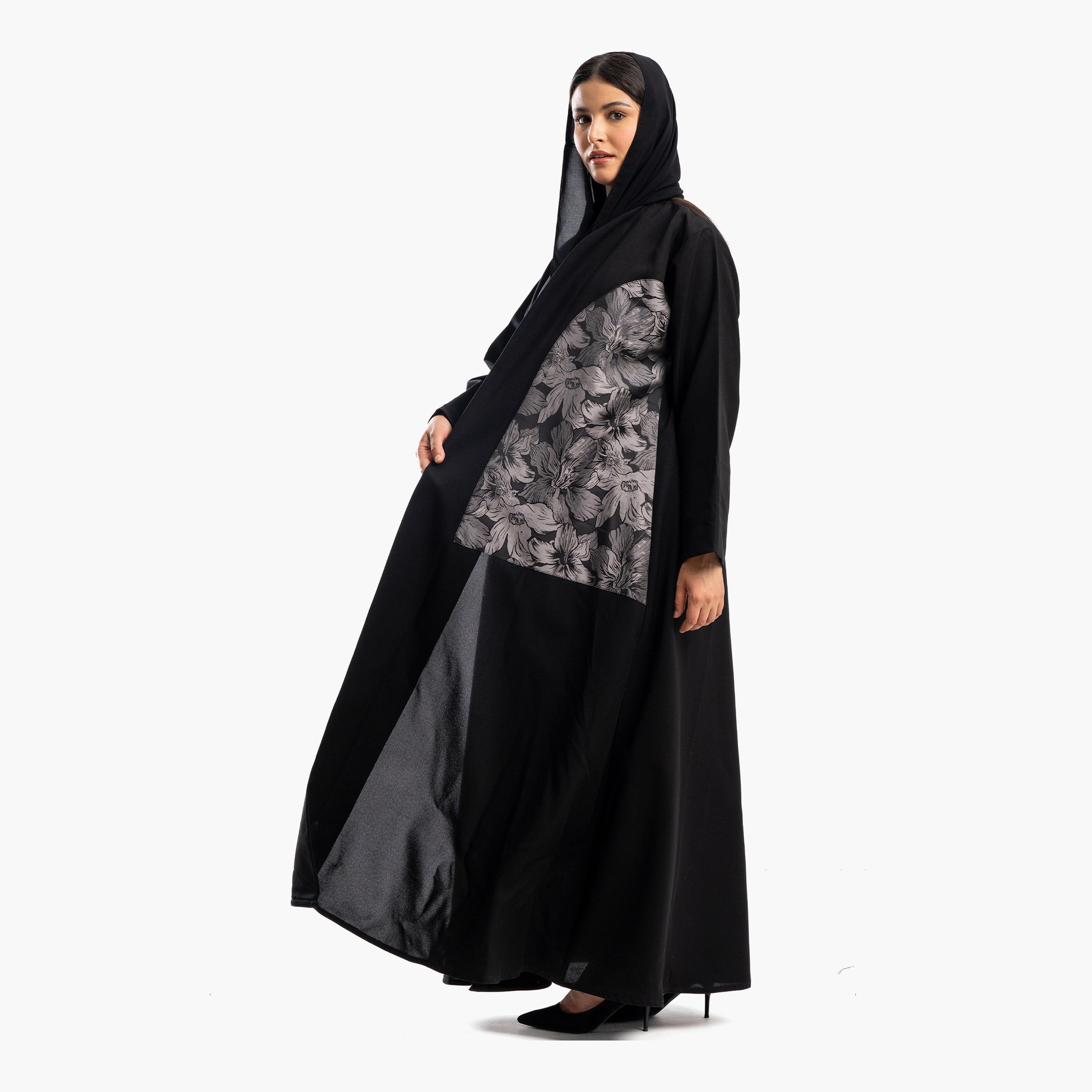 Zahiyh Black Panelled Floral Print Women's Abaya with Hijab-women-arabicclothing-abayas-image-2