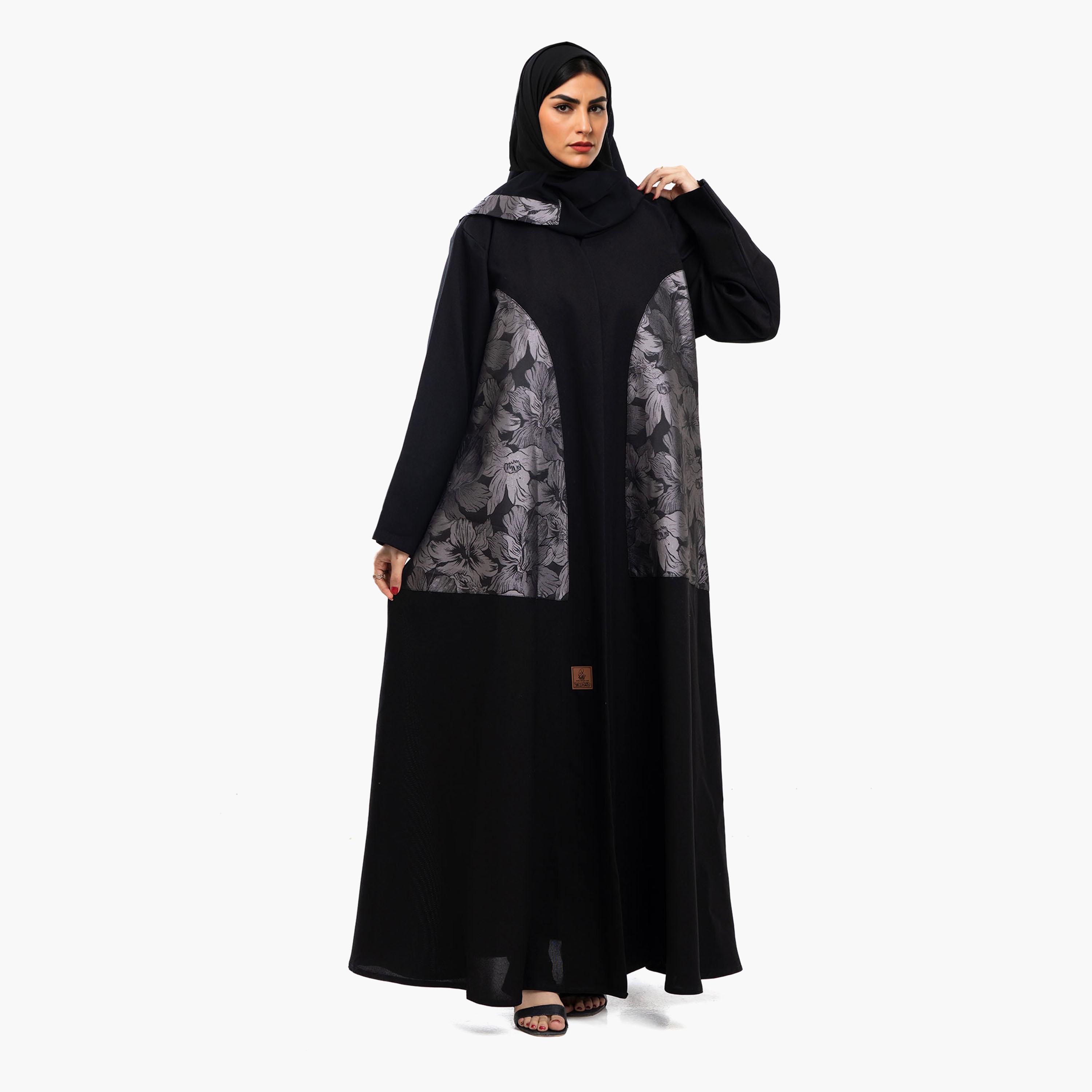 Zahiyh Black Panelled Floral Print Women's Abaya with Hijab-women-arabicclothing-abayas-image-3