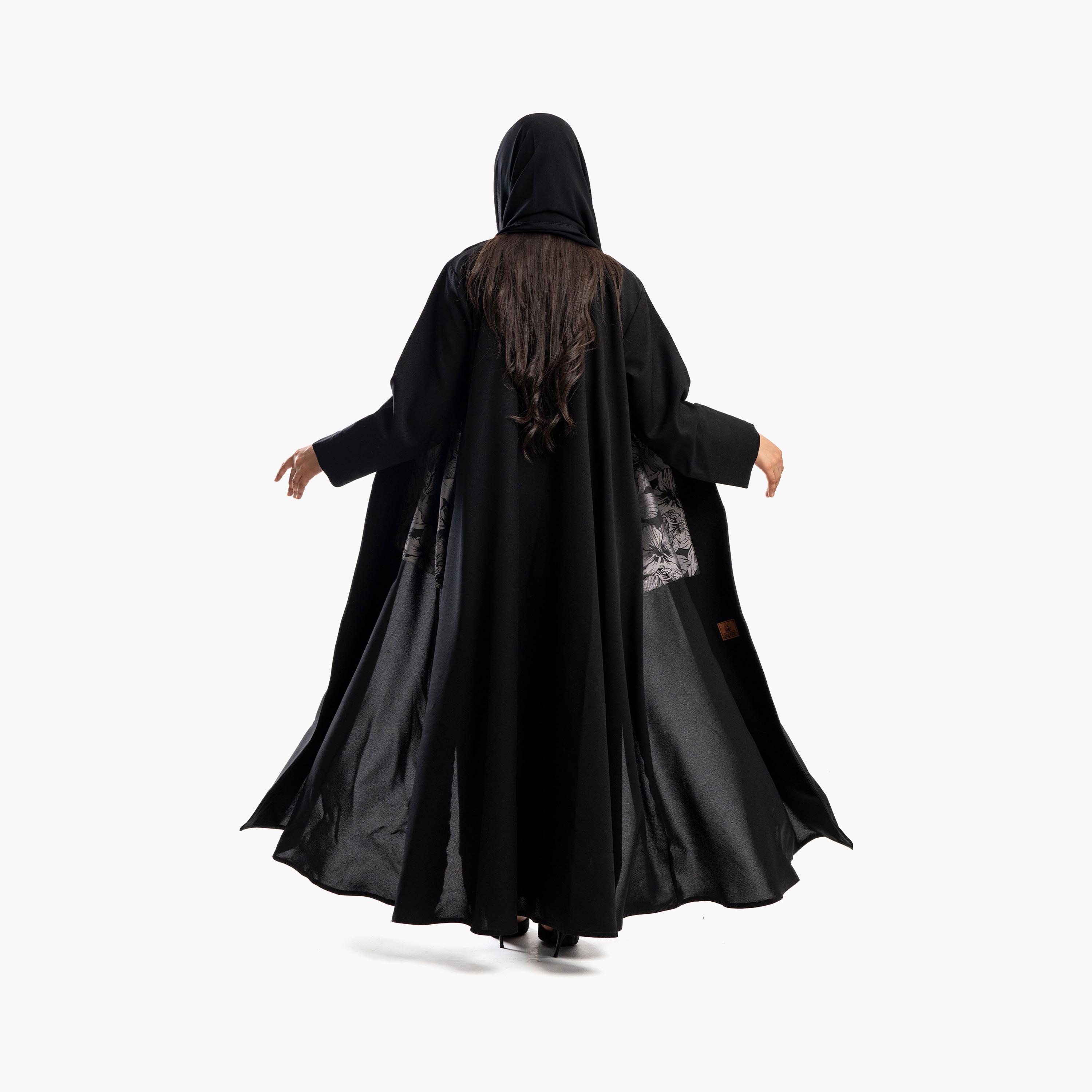 Zahiyh Black Panelled Floral Print Women's Abaya with Hijab-women-arabicclothing-abayas-image-4