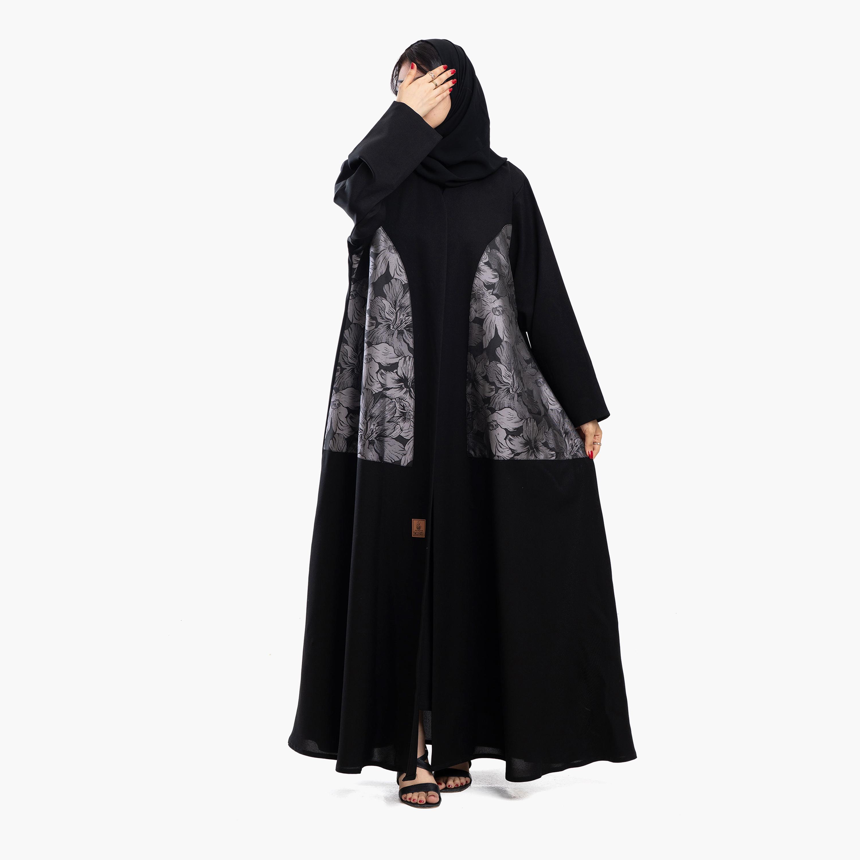 Zahiyh Black Panelled Floral Print Women's Abaya with Hijab-women-arabicclothing-abayas-image-5