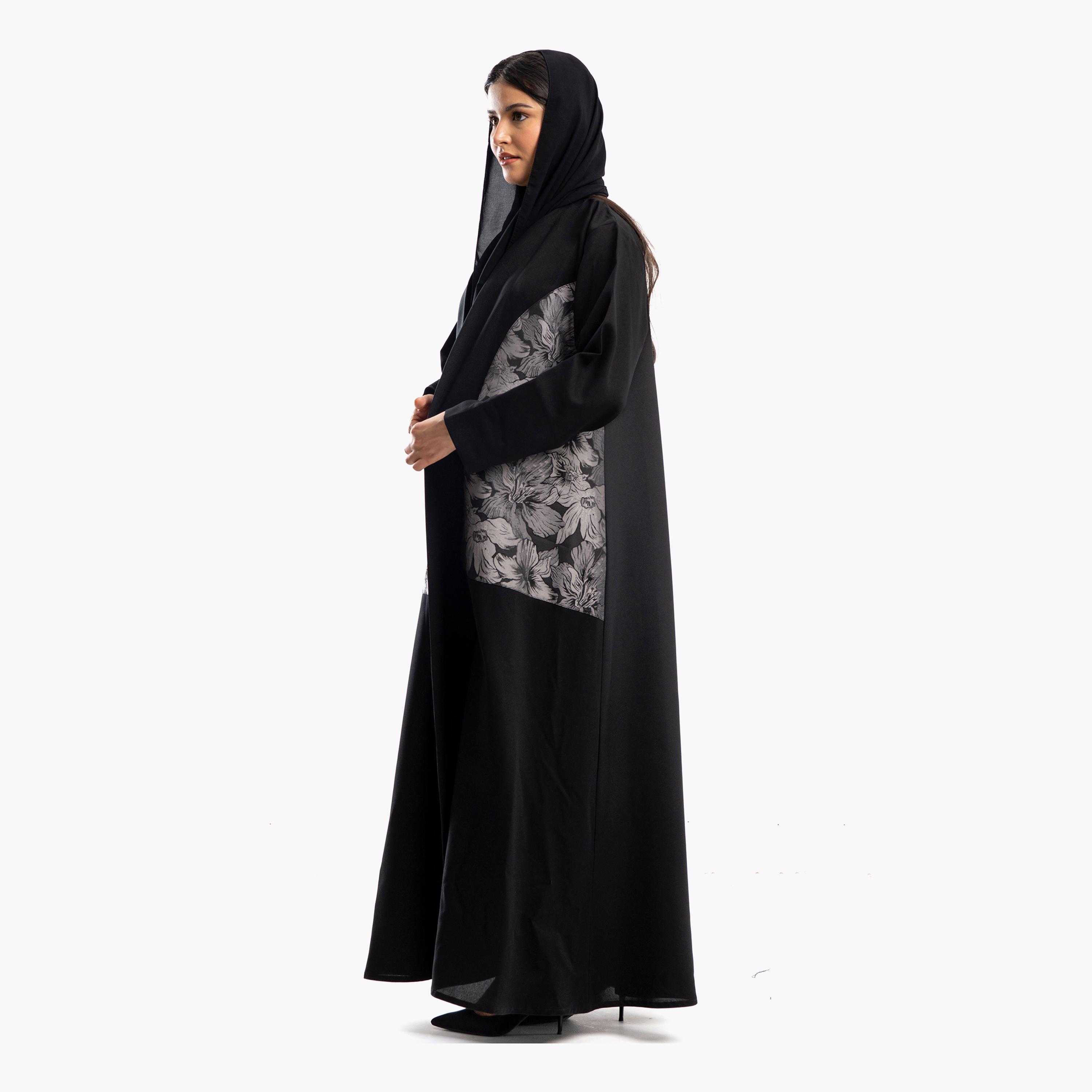 Zahiyh Black Panelled Floral Print Women's Abaya with Hijab-women-arabicclothing-abayas-image-6