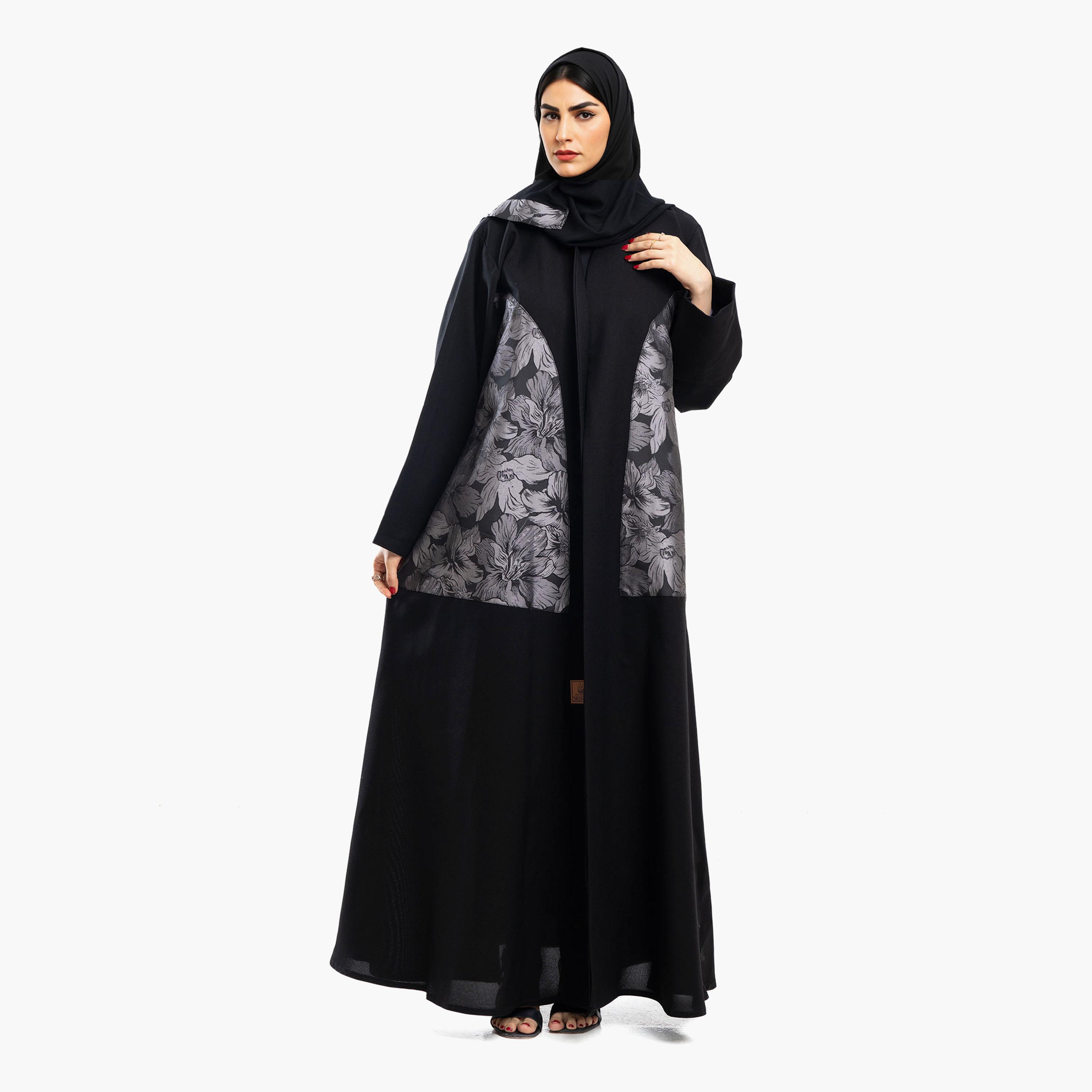 Zahiyh Black Panelled Floral Print Women's Abaya with Hijab-women-arabicclothing-abayas-image-7