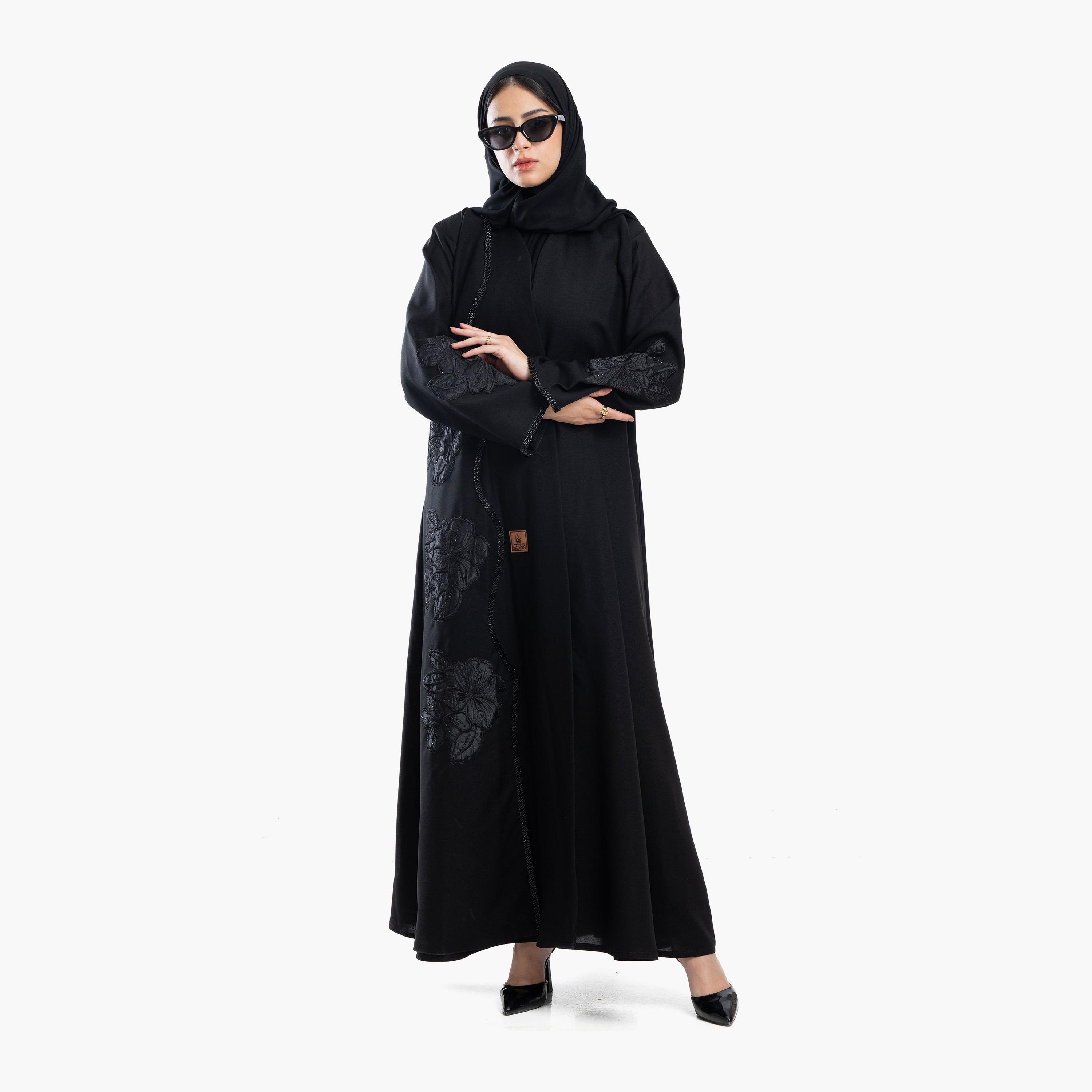 Zahiyh Black Beaded with Floral Embroidered Women's Abaya with Tarha-women-arabicclothing-abayas-image-1