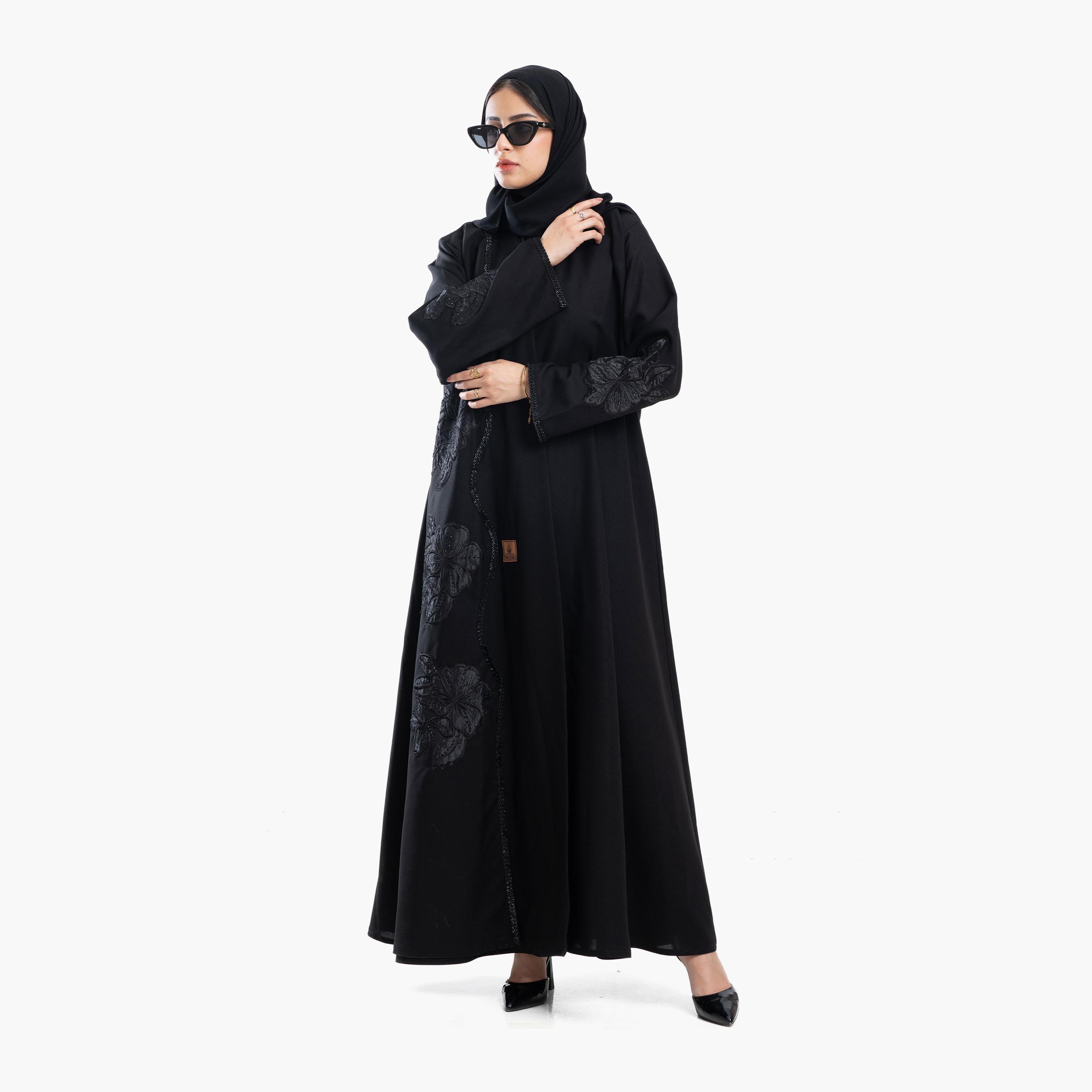Zahiyh Black Beaded with Floral Embroidered Women's Abaya with Tarha-women-arabicclothing-abayas-image-2