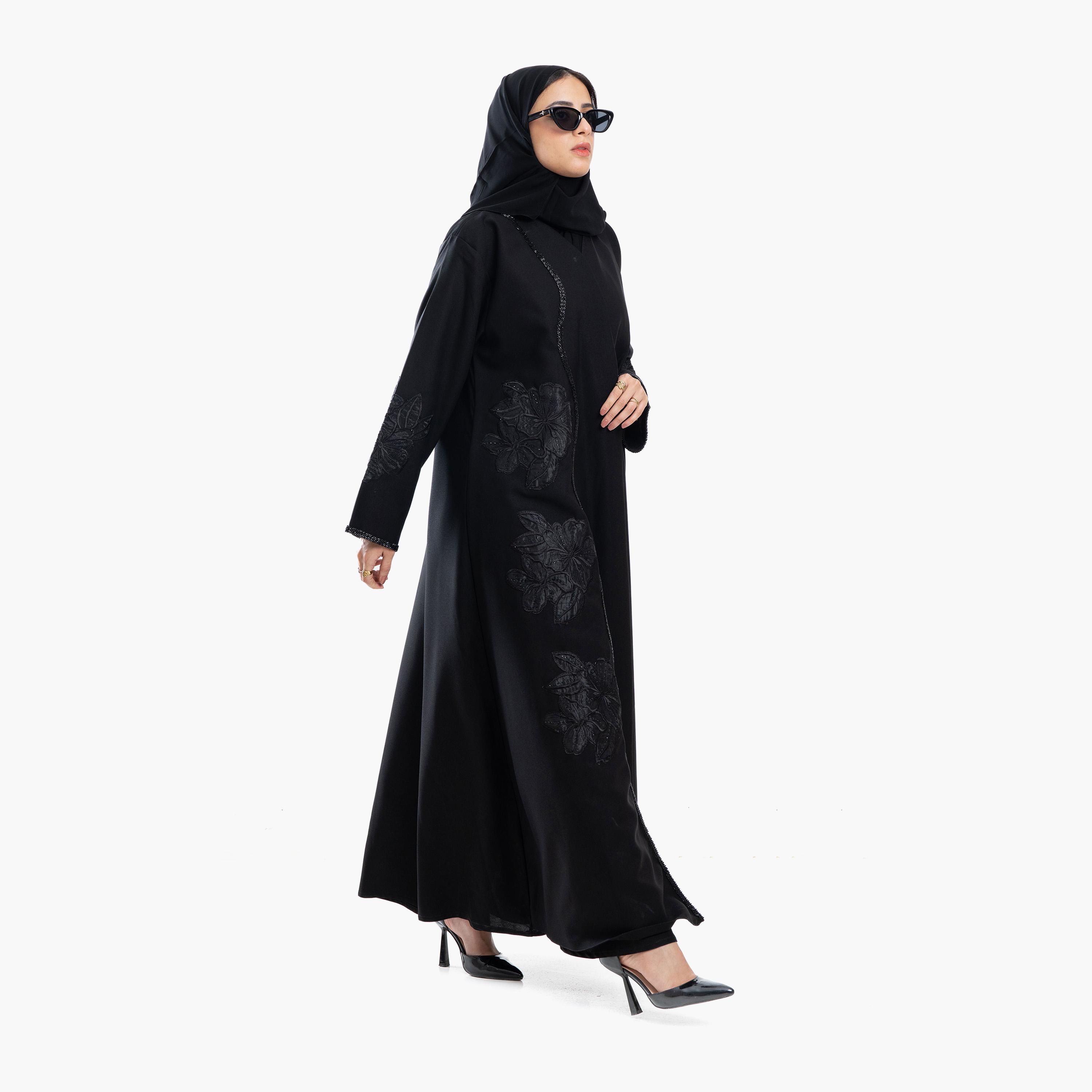 Zahiyh Black Beaded with Floral Embroidered Women's Abaya with Tarha-women-arabicclothing-abayas-image-3