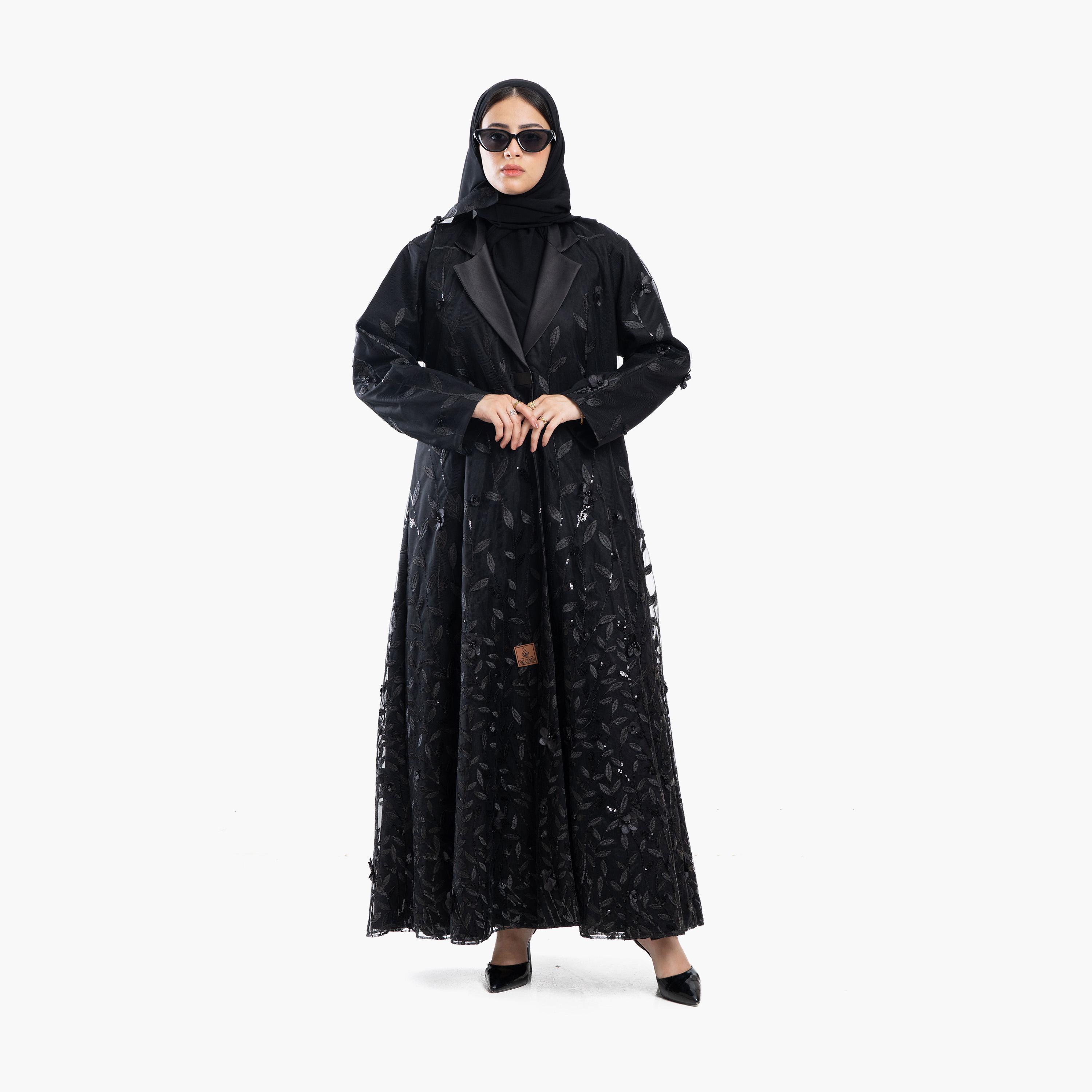 Zahiyh Black All-Over Leaf Embroidered Lapel Collar Women's Evening Coat Style Abaya with Tarha-women-arabicclothing-abayas-image-1