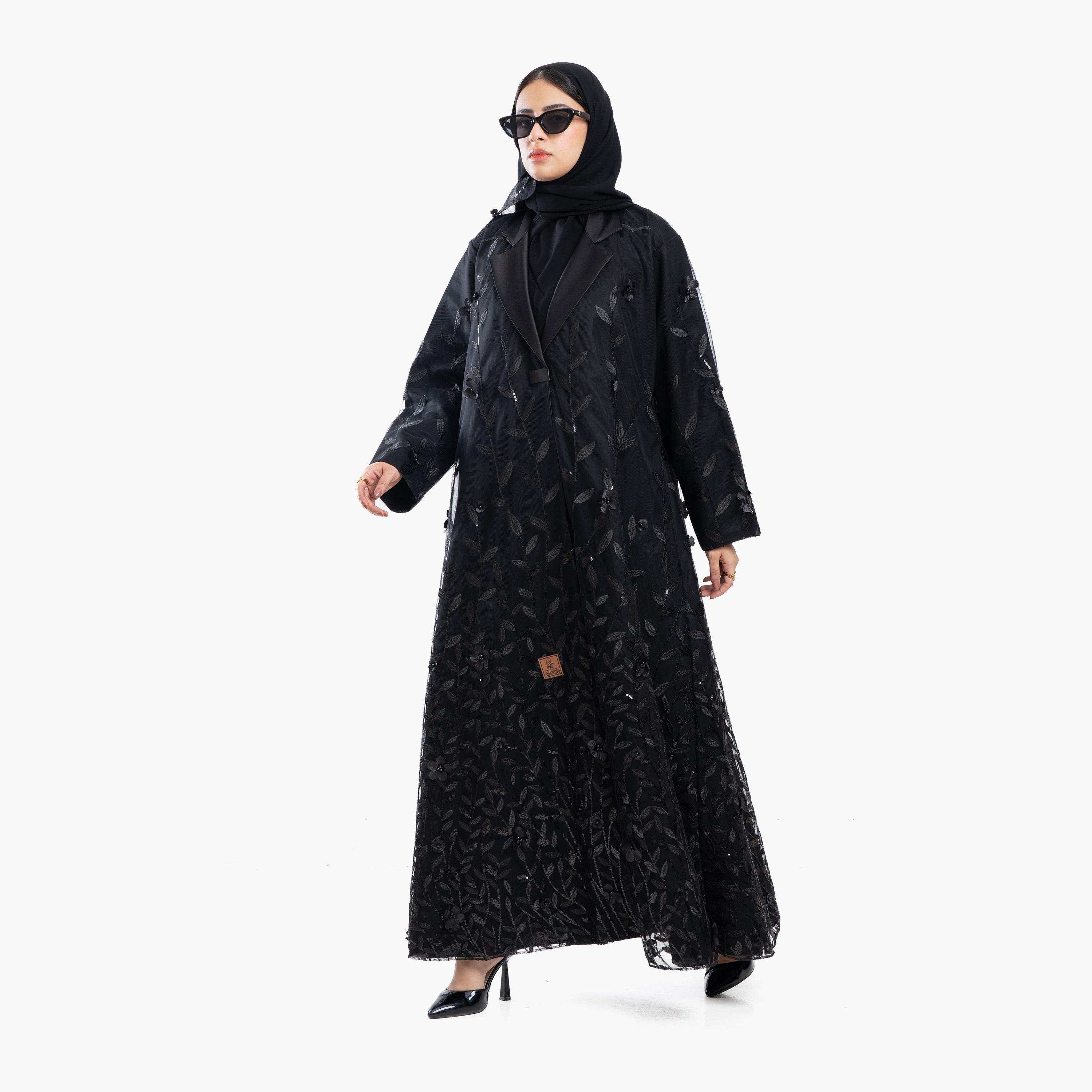 Zahiyh Black All-Over Leaf Embroidered Lapel Collar Women's Evening Coat Style Abaya with Tarha-women-arabicclothing-abayas-image-2