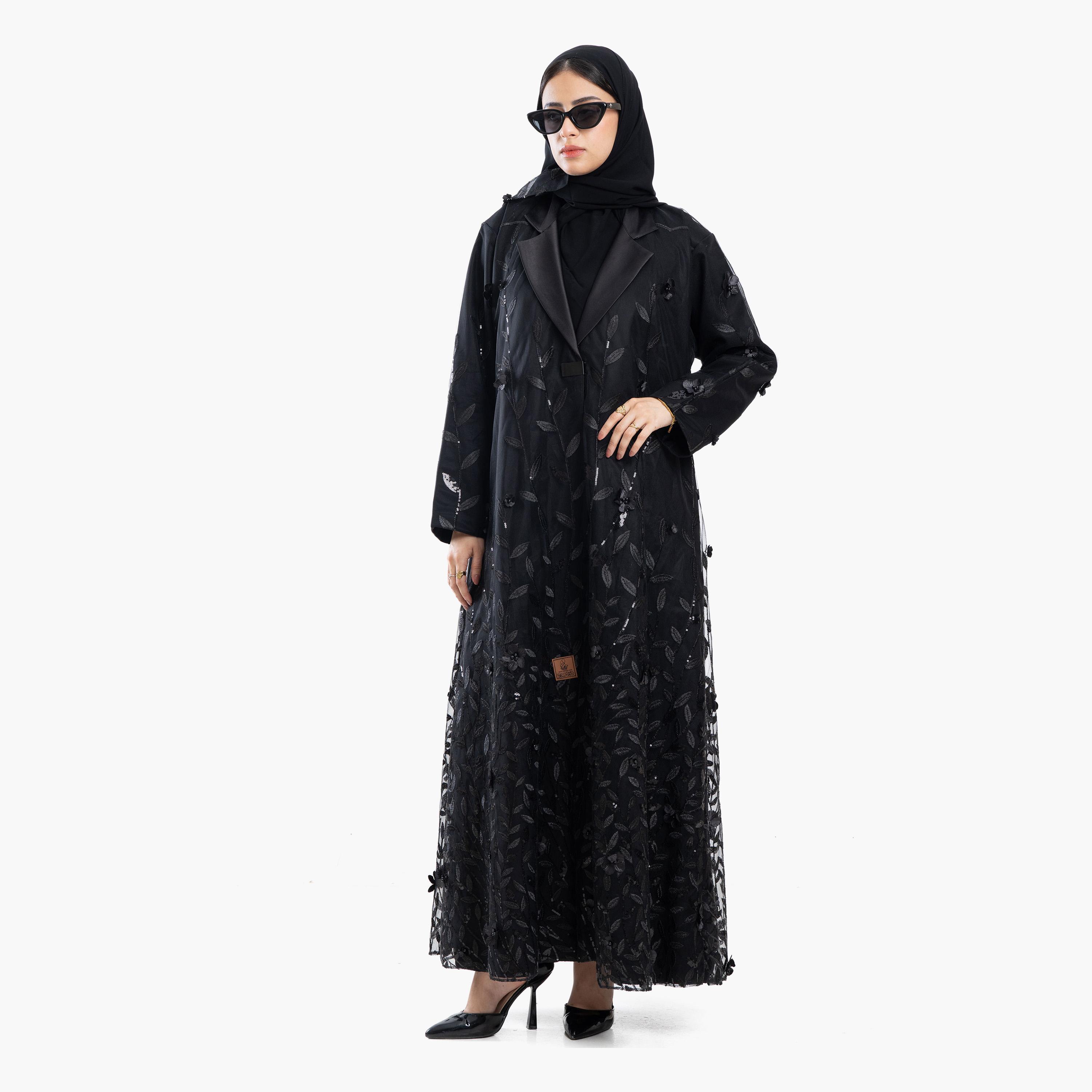 Zahiyh Black All-Over Leaf Embroidered Lapel Collar Women's Evening Coat Style Abaya with Tarha-women-arabicclothing-abayas-image-3