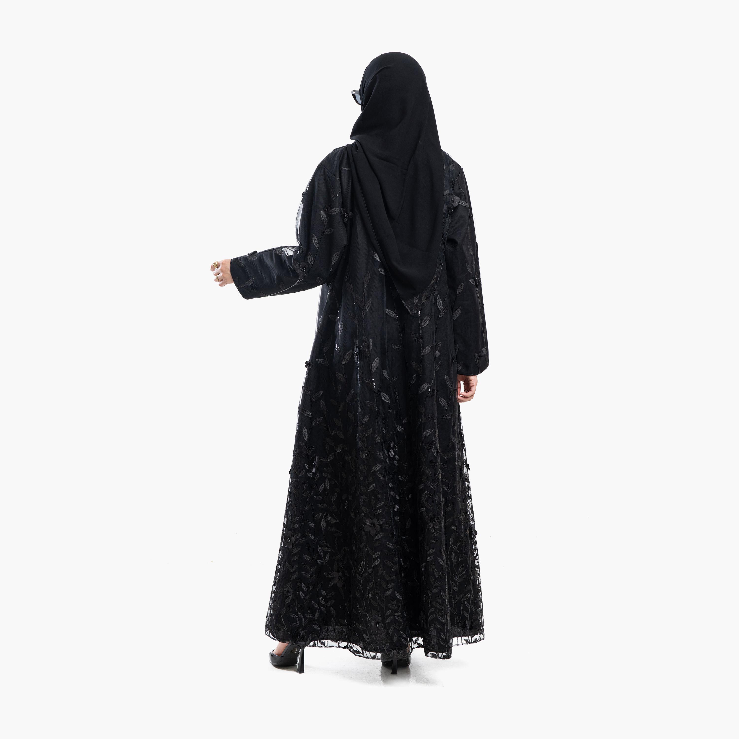 Zahiyh Black All-Over Leaf Embroidered Lapel Collar Women's Evening Coat Style Abaya with Tarha-women-arabicclothing-abayas-image-4