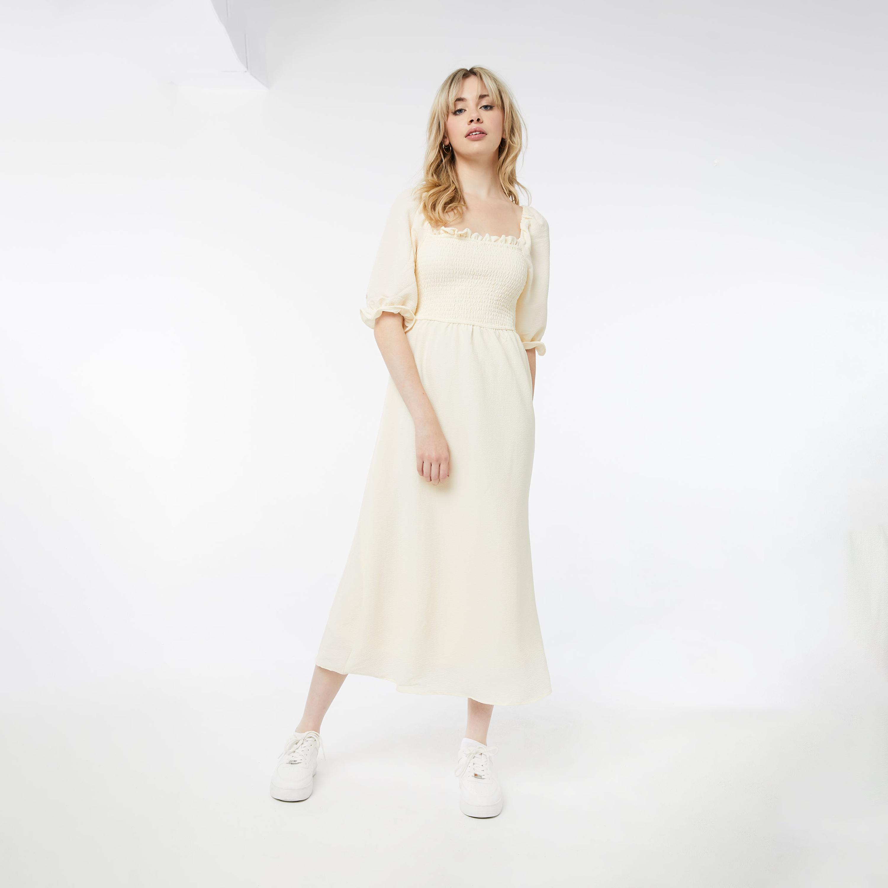 Ardene Smocked Scoop Neck Dress with Puff Sleeves-women-clothing-dresses-image-1