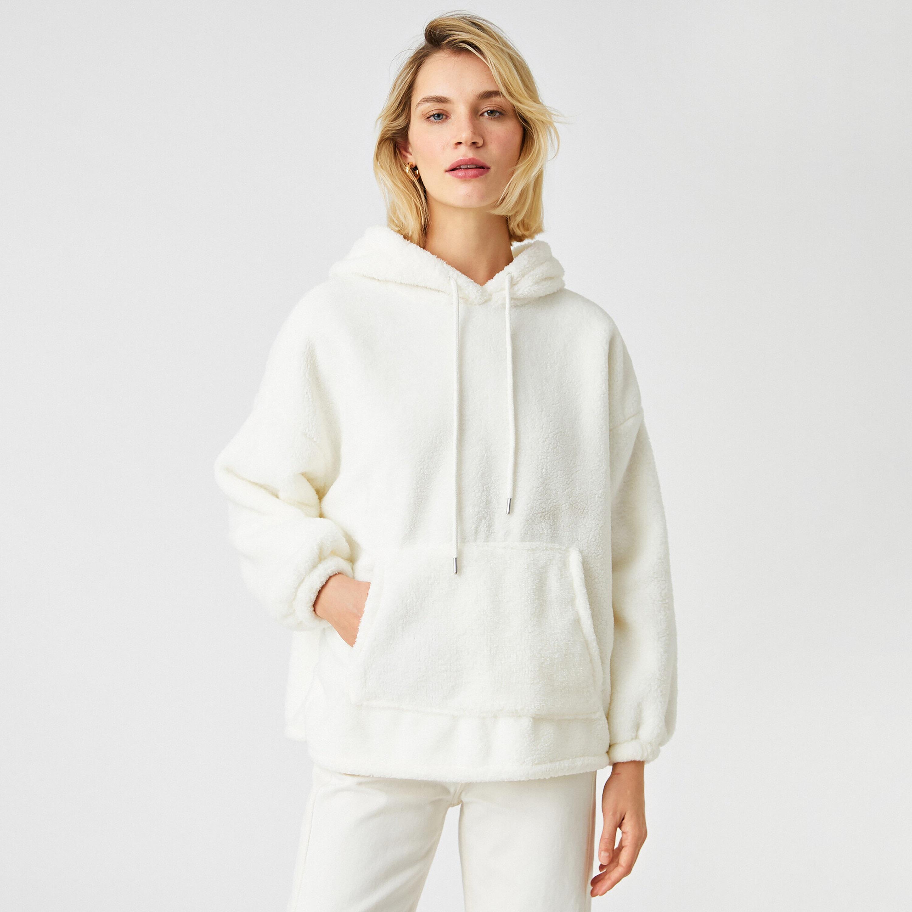 سويت شيرت نسائي بياقة هودي وأكمام منسدلة من صوف الشيربا بلون أبيض من كوتون-women-clothing-hoodiesandsweatshirts-sweatshirts-image-1