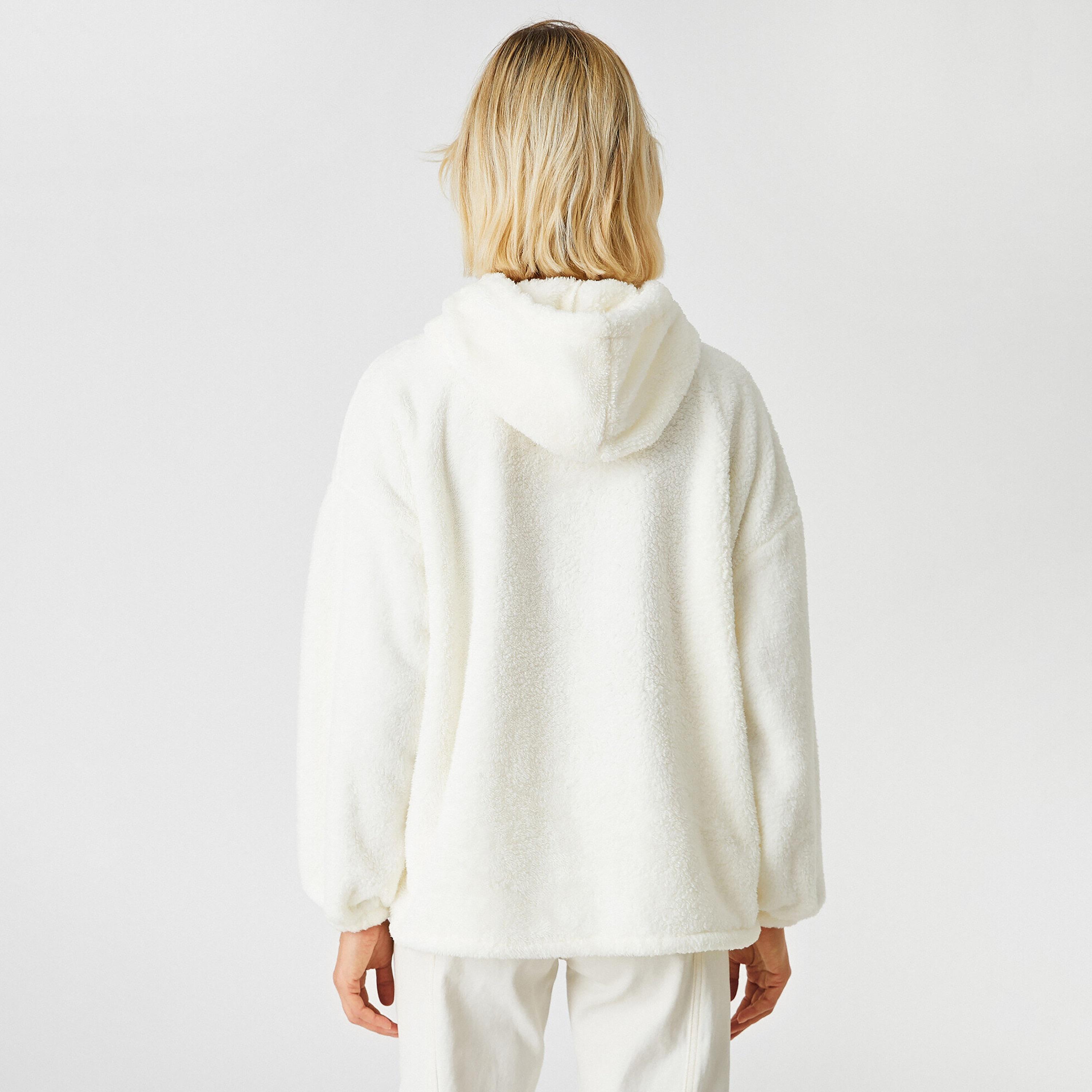 KOTON White Sherpa Hooded Neck Dropped Sleeves Women's Sweatshirt-women-clothing-hoodiesandsweatshirts-sweatshirts-image-3