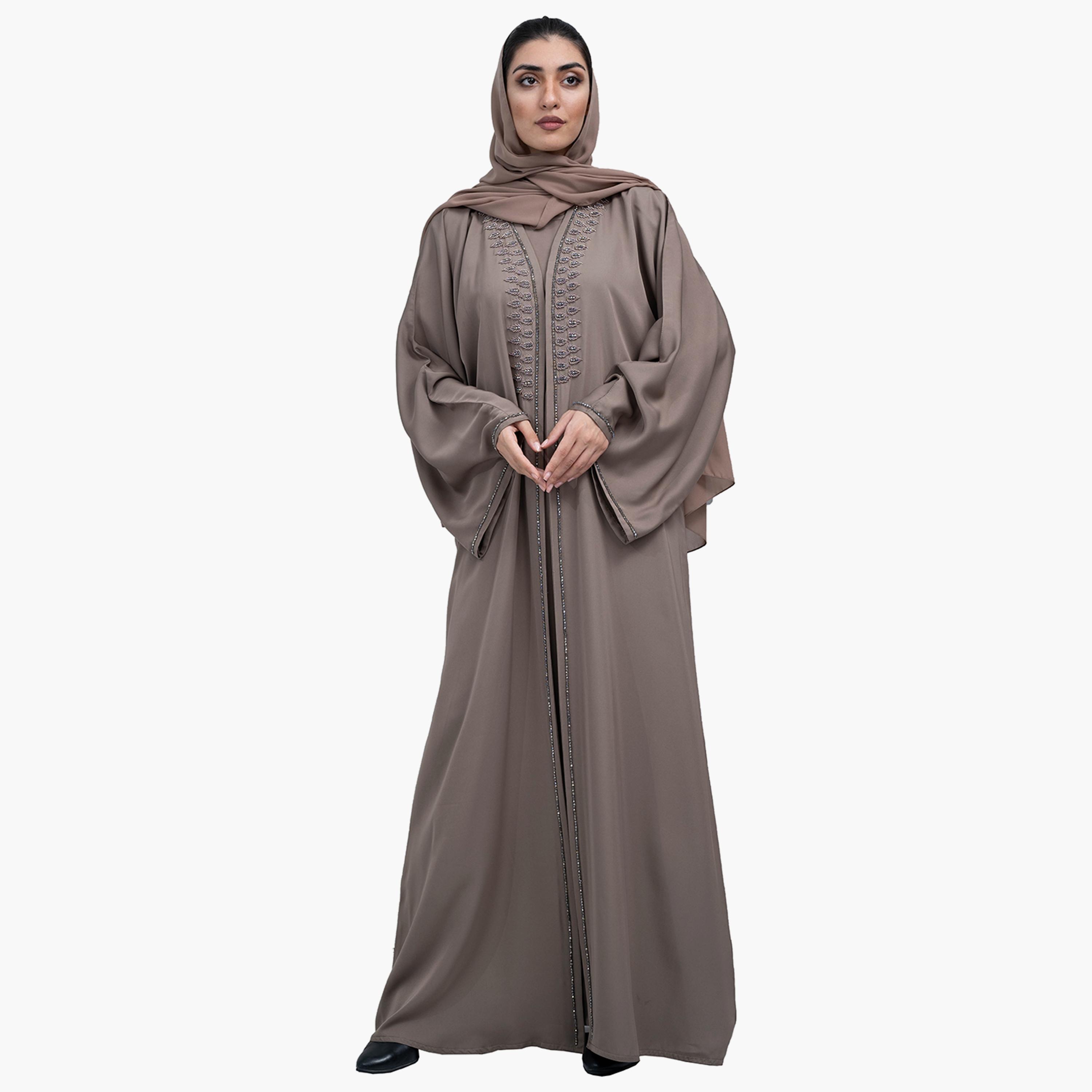 Nukhbaa 2-Piece Khaki Beaded Work Flared Sleeves Crape Nida Party Abaya with Hijab and Inner Dress-women-arabicclothing-sets-image-1