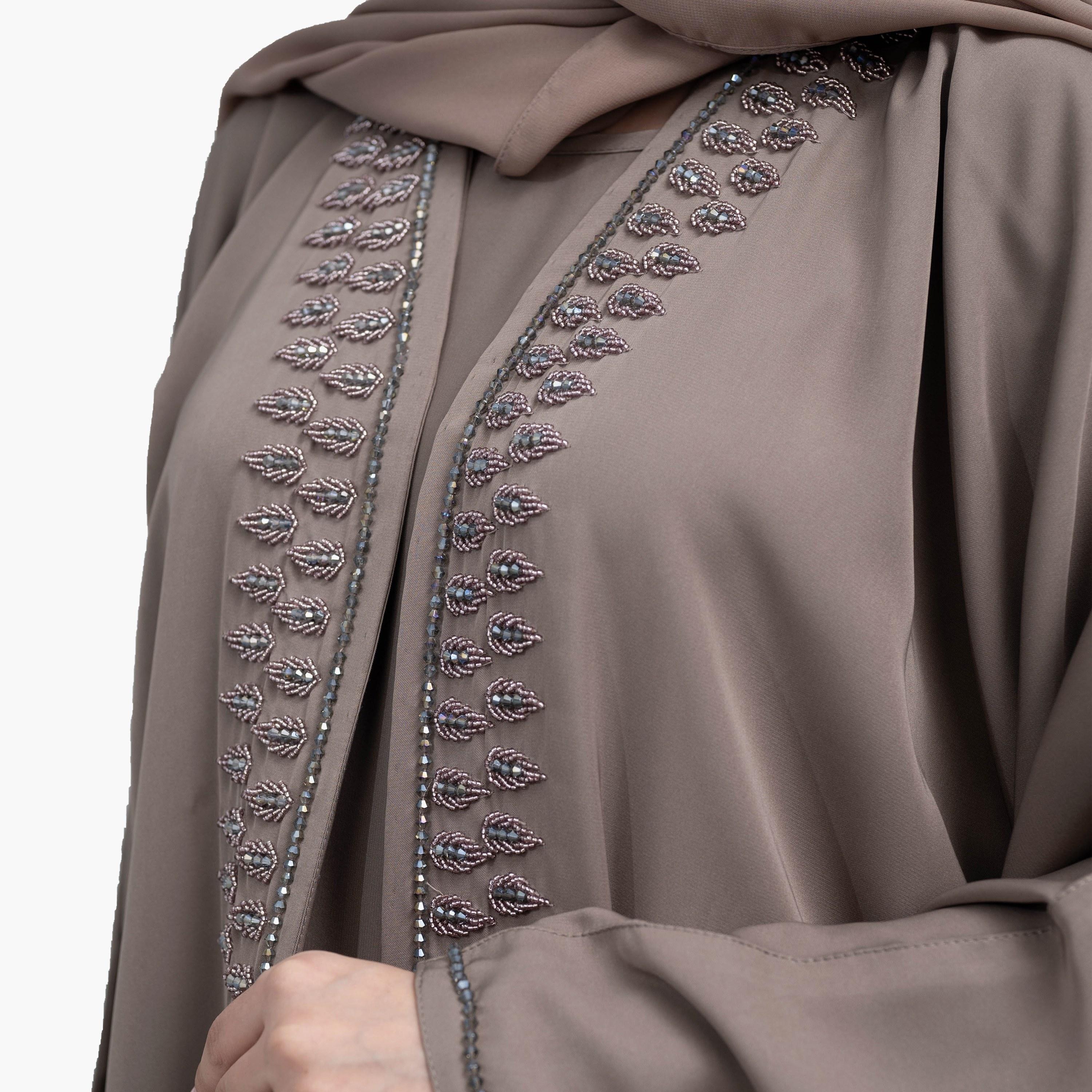 Nukhbaa 2-Piece Khaki Beaded Work Flared Sleeves Crape Nida Party Abaya with Hijab and Inner Dress-women-arabicclothing-sets-image-2