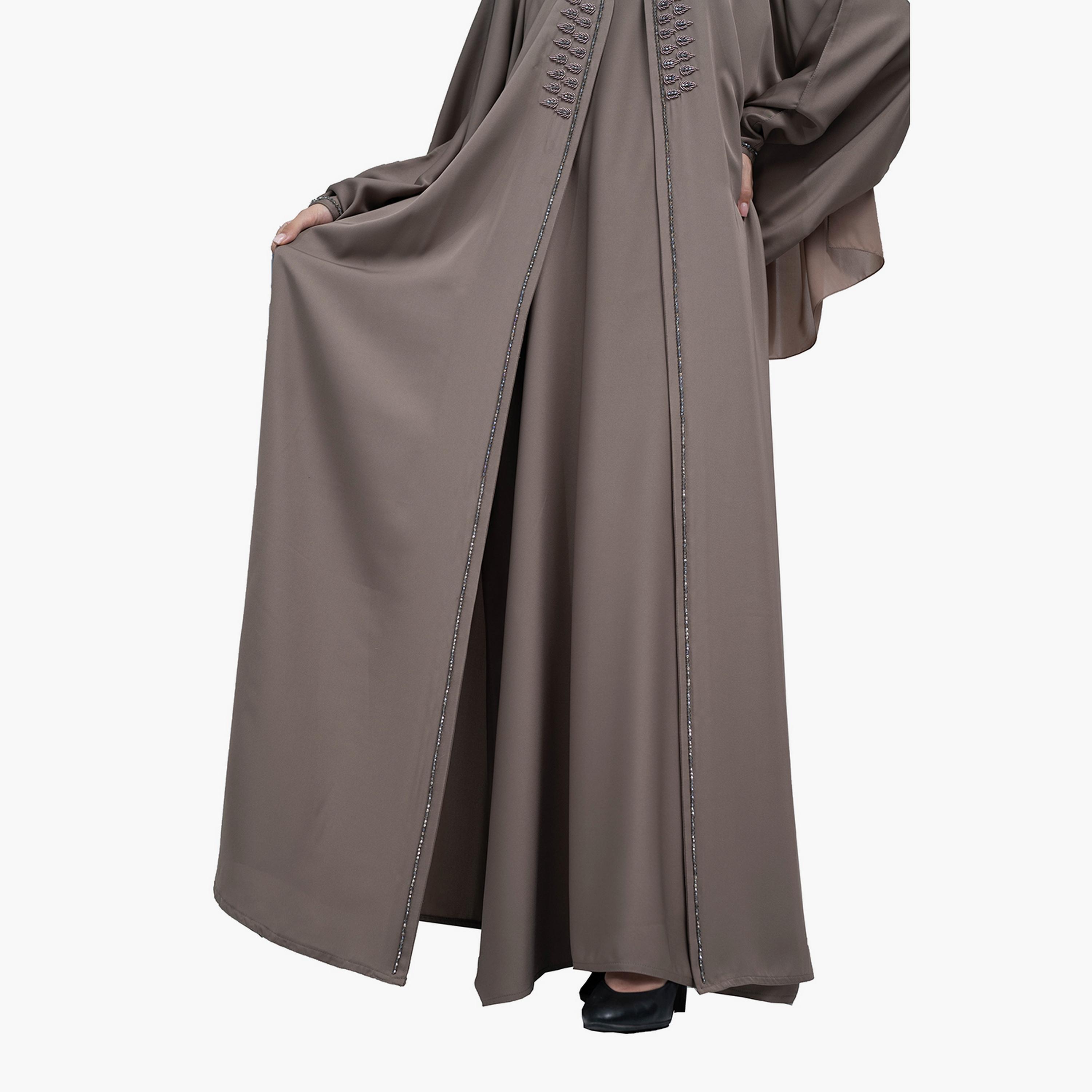 Nukhbaa 2-Piece Khaki Beaded Work Flared Sleeves Crape Nida Party Abaya with Hijab and Inner Dress-women-arabicclothing-sets-image-3