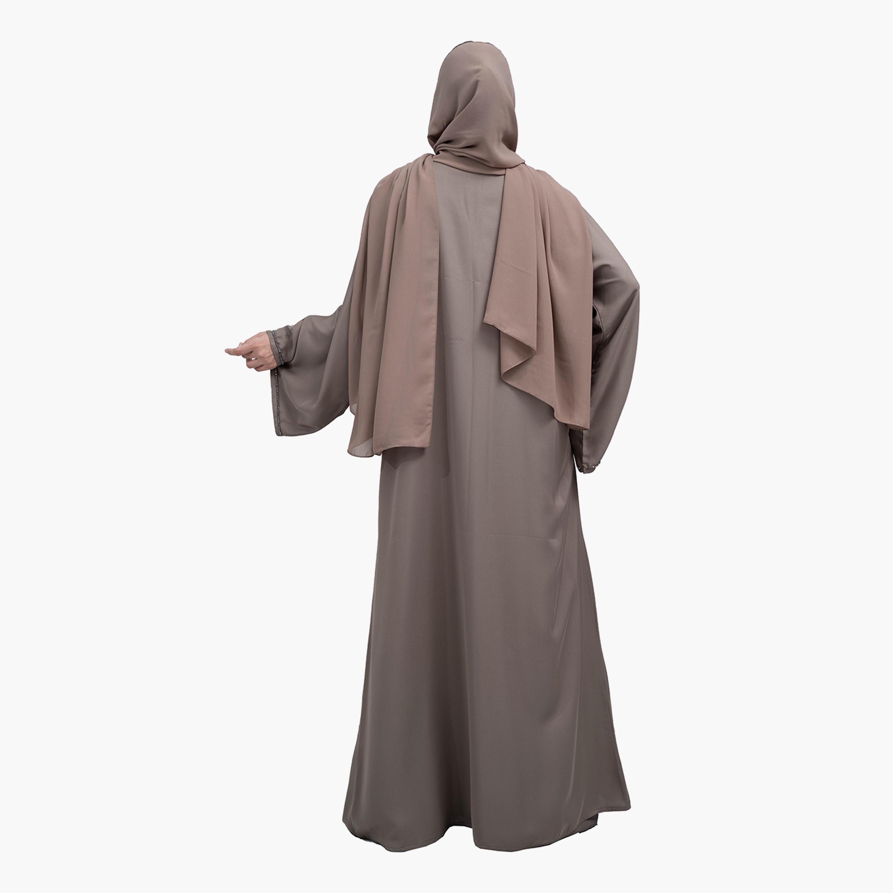 Nukhbaa 2-Piece Khaki Beaded Work Flared Sleeves Crape Nida Party Abaya with Hijab and Inner Dress-women-arabicclothing-sets-image-4